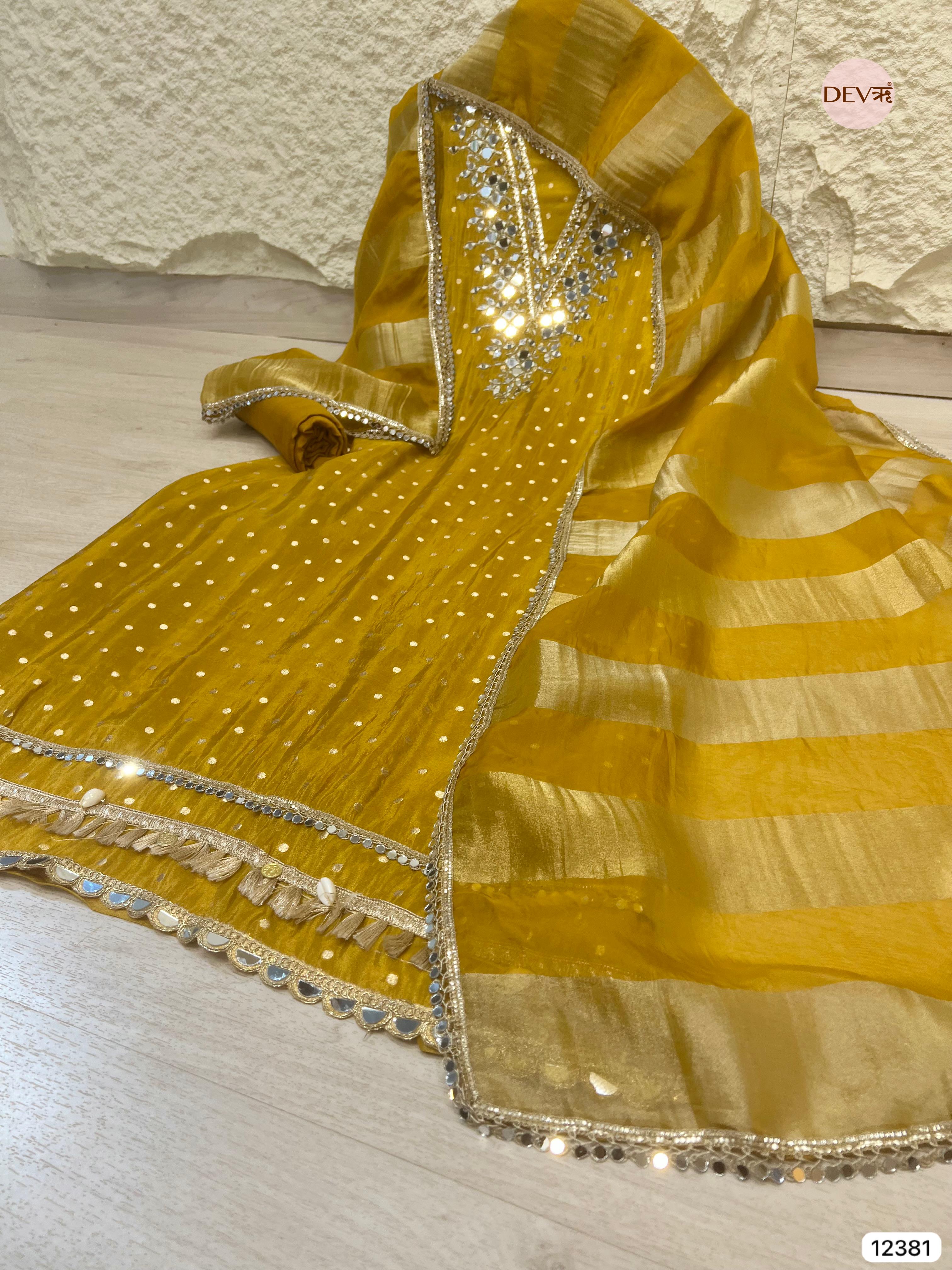 Mustard Yellow Tissue Silk Embroidered Unstitched 3-Piece Suit (Devri – D.No 12381)