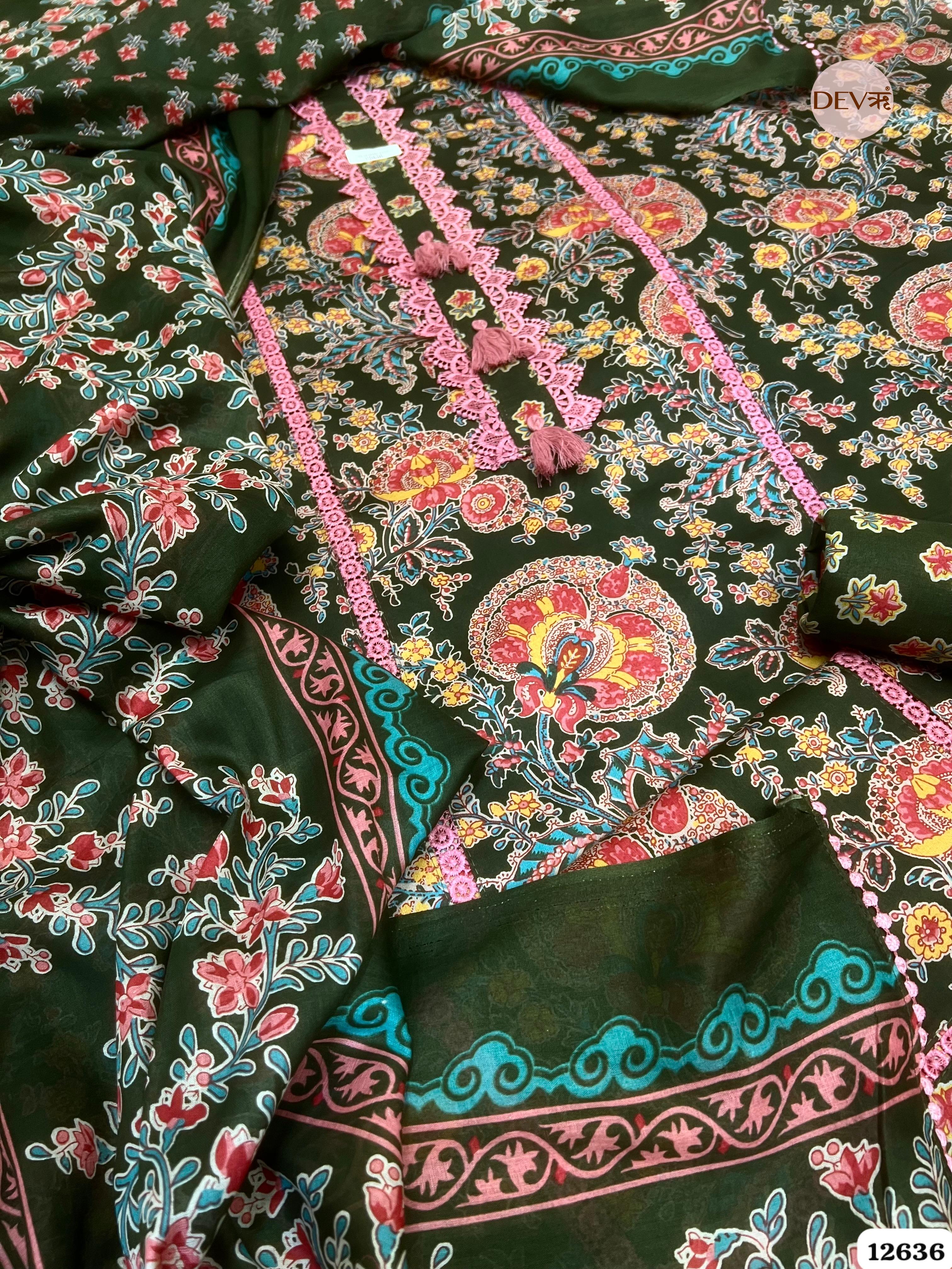 Olive Green Cotton Floral Printed Unstitched 3-Piece Suit (Devri – D.No 12636)
