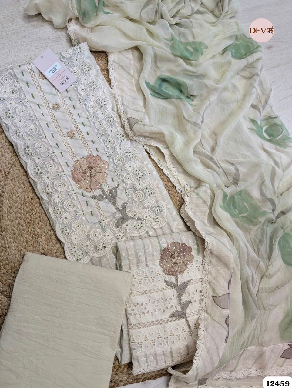 Sage Green & Beige Pure Linen Embroidered Unstitched 3-Piece Suit (Devri – D.No 12459)