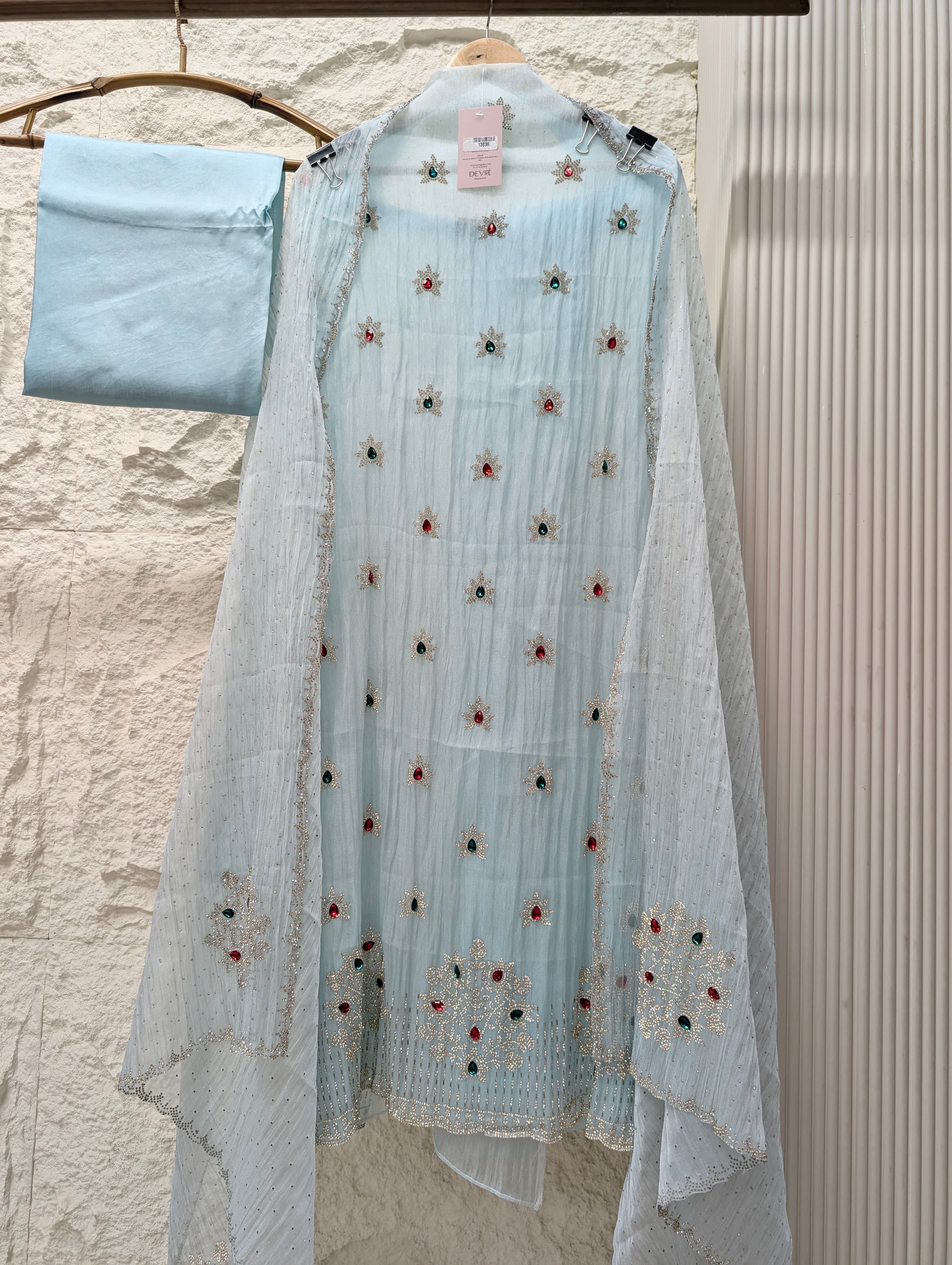 Blue Pure Organza Silk Hand Unstitched 3-Piece Suit (Devri – D.No 13636)