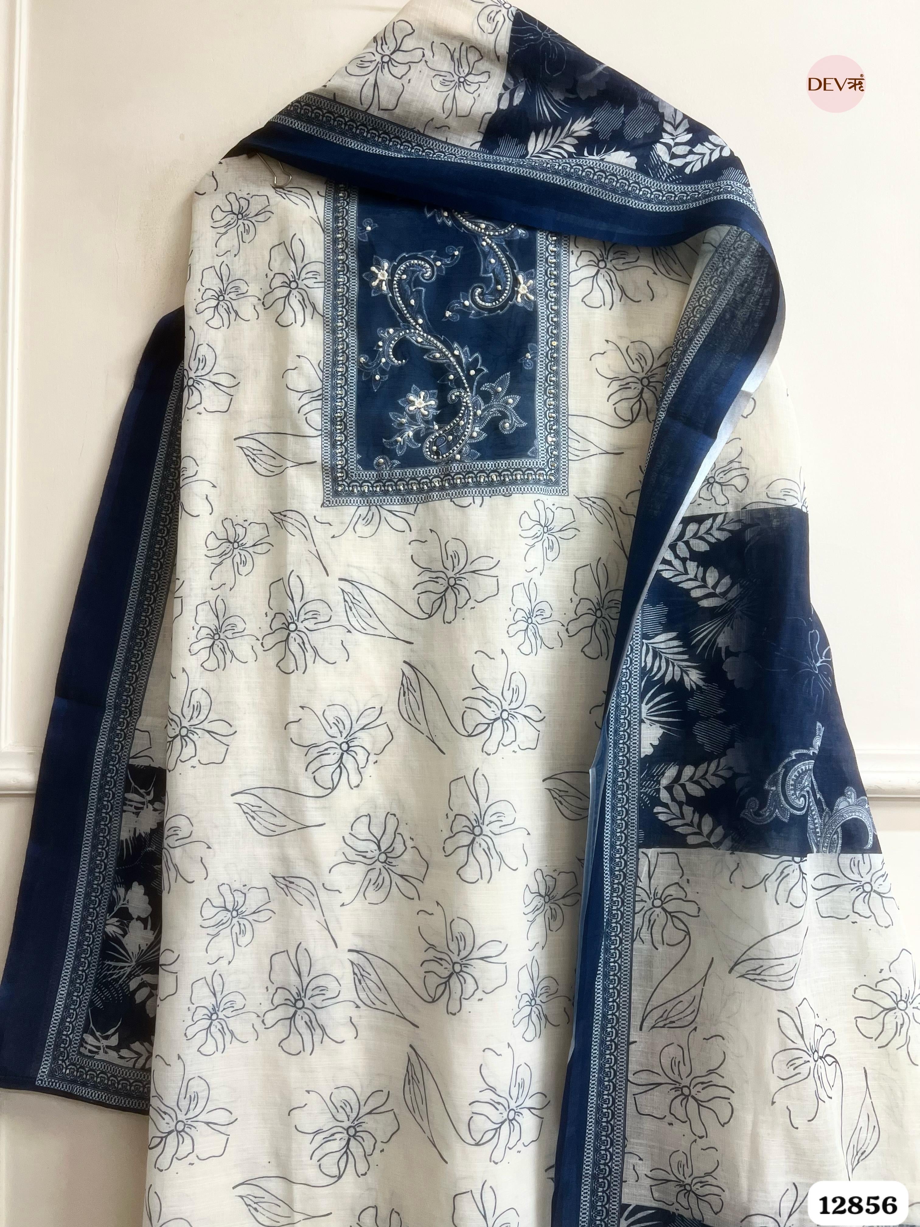 Cream Linen Cotton Printed Unstitched 3-Piece Suit (Devri – D.No 12856)