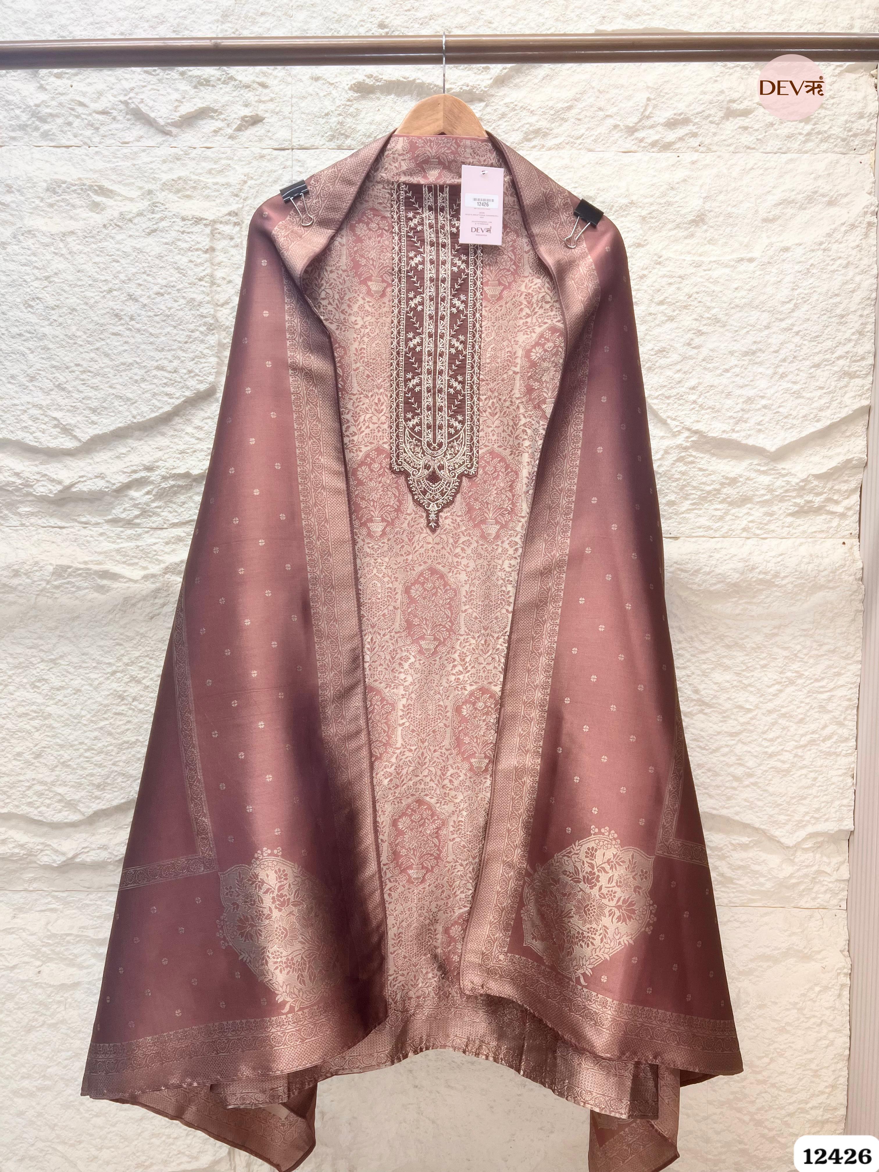 Dusty Rose Banarasi Silk Printed Unstitched 3-Piece Suit (Devri – D.No. 12426)