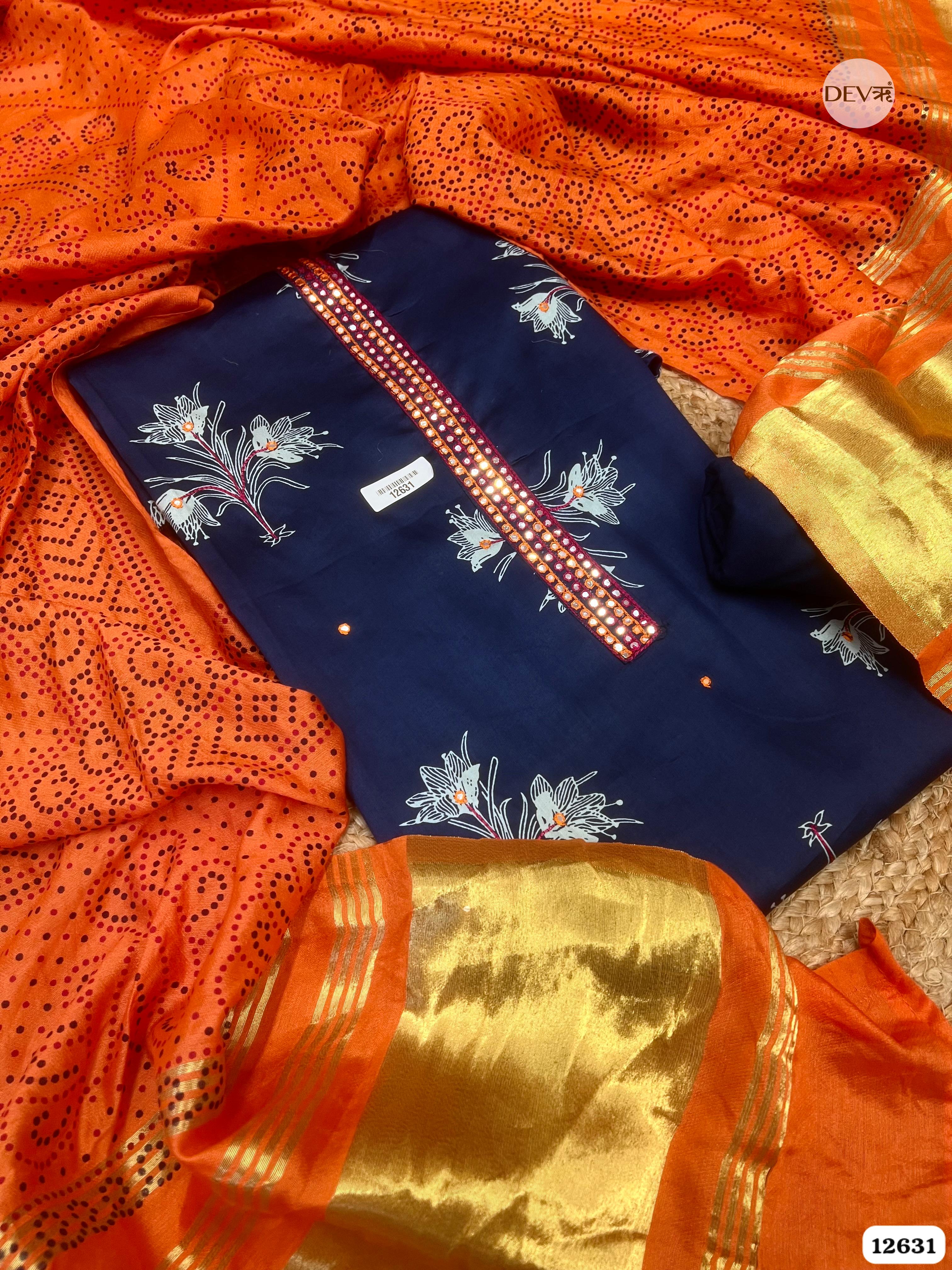 Navy Blue & Orange Cotton Silk Unstitched 3-Piece Suit (Devri – D.No 12631)