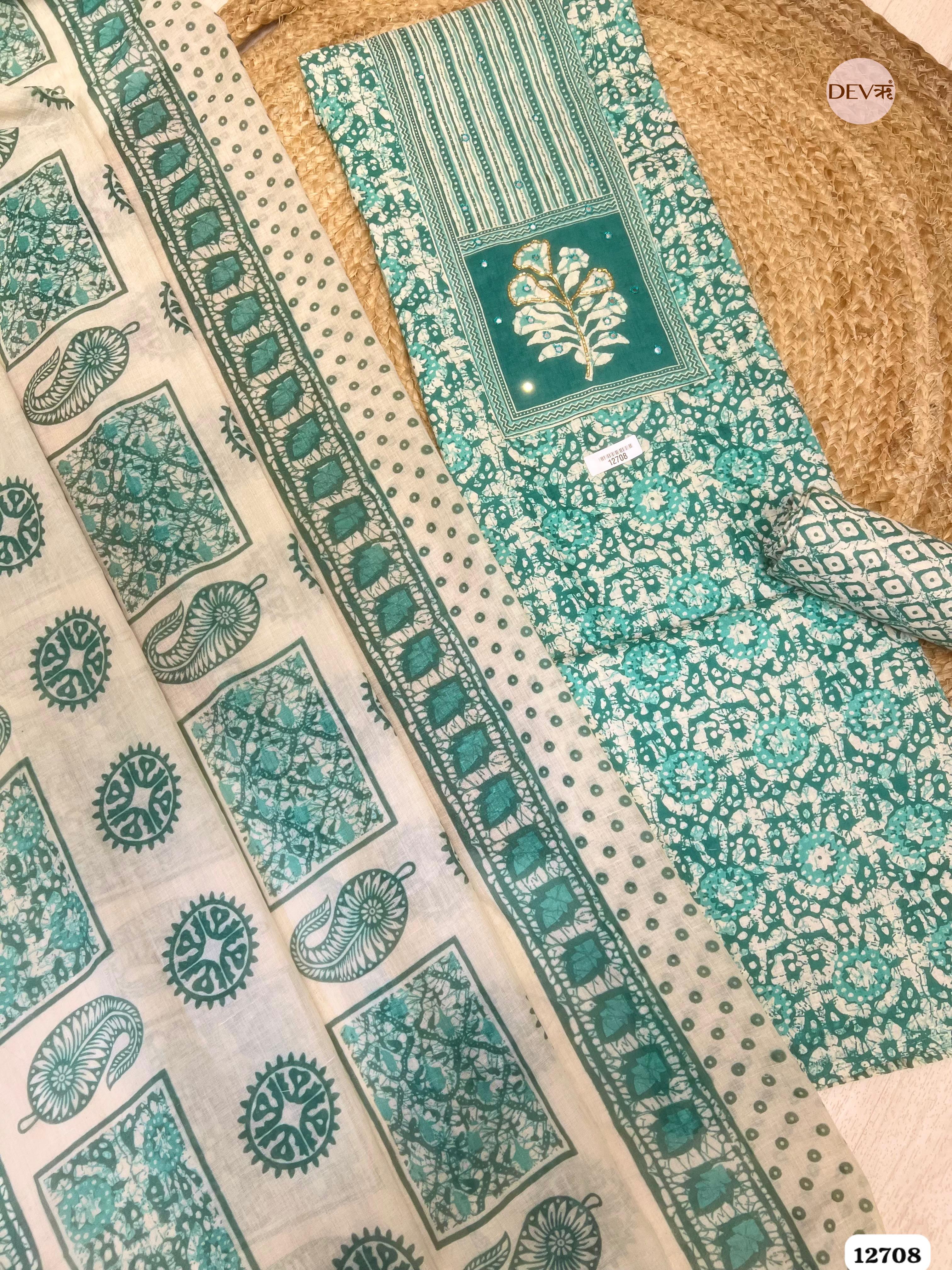 Teal Green Cotton Printed Unstitched 3-Piece Suit (Devri – D.No 12708)
