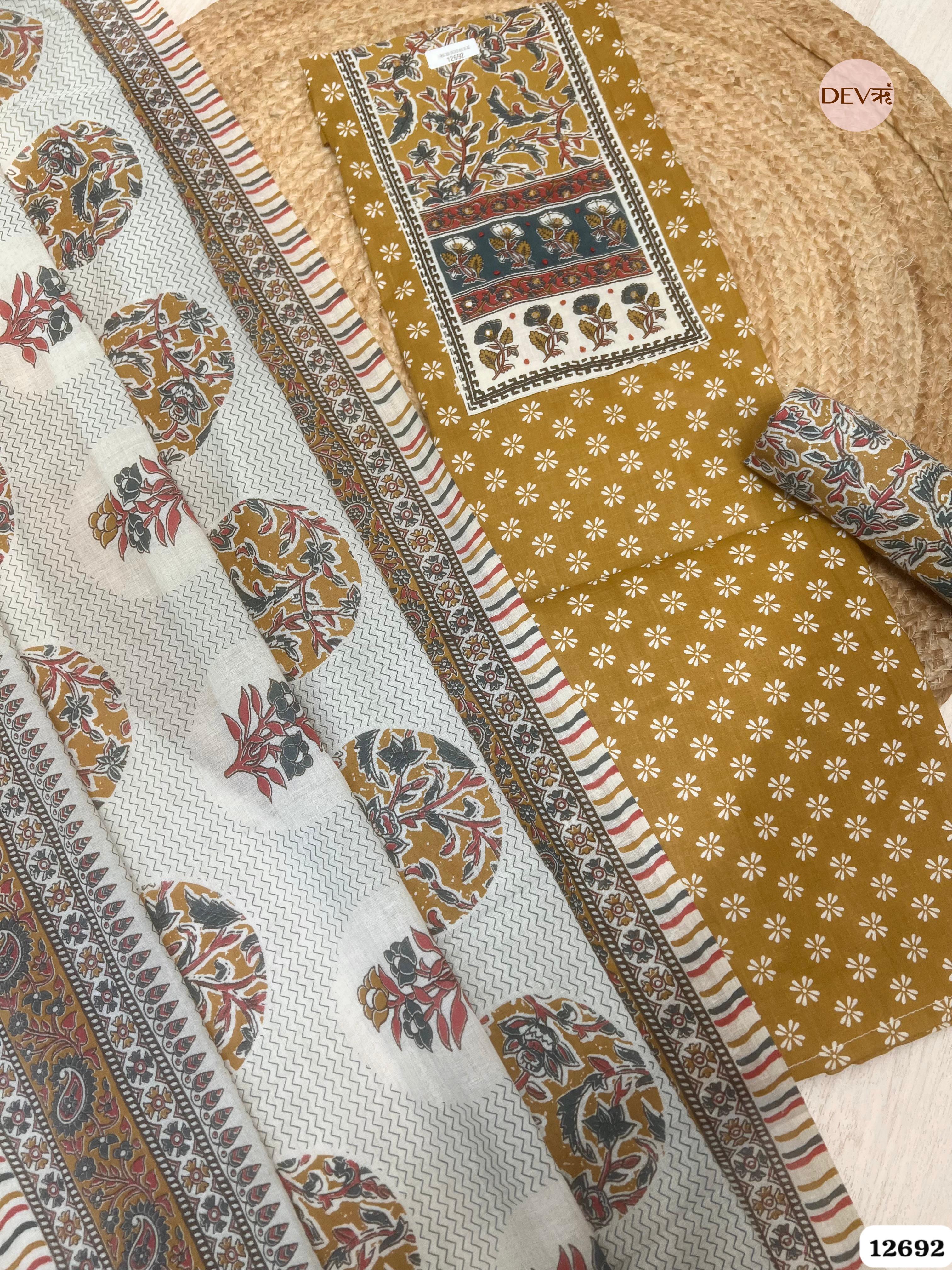 Mustard Cotton Printed Unstitched 3-Piece Suit (Devri – D.No 12692)