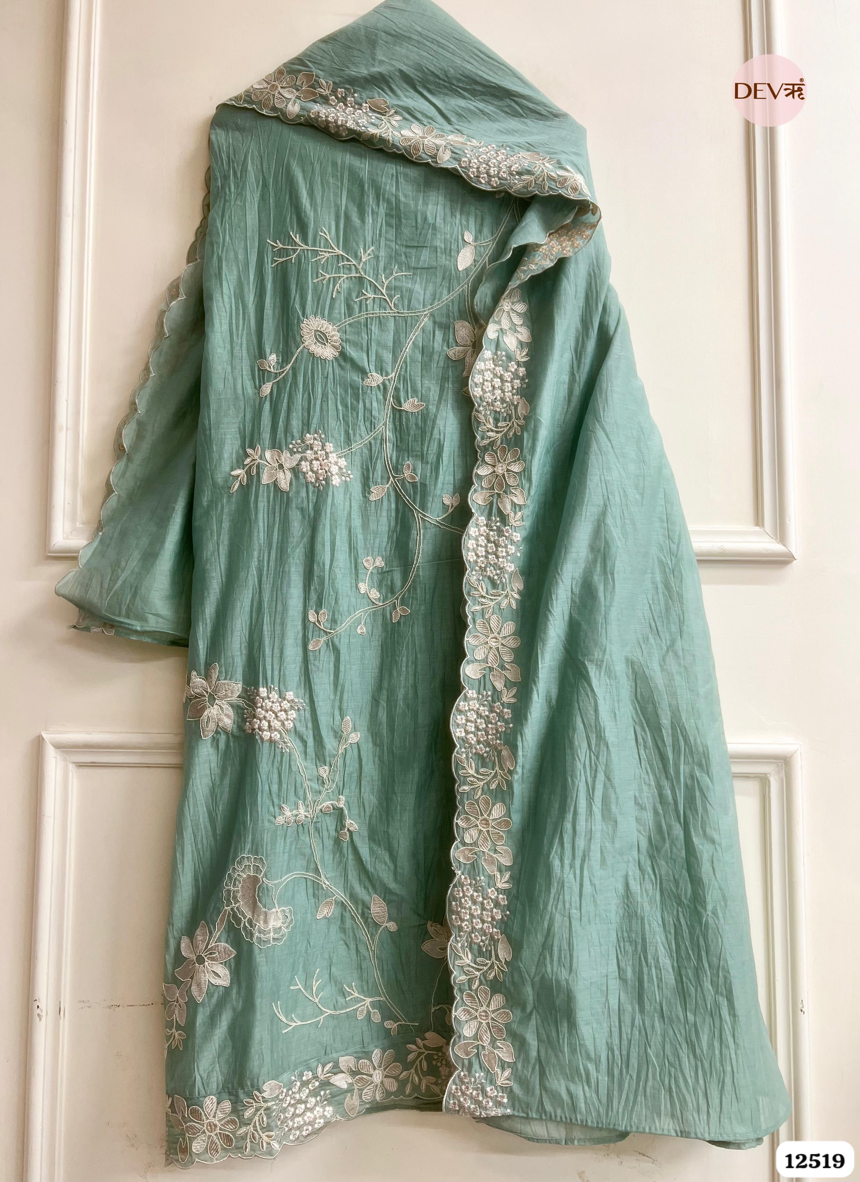 Sea Green Mul Cotton Embroidered Unstitched 3-Piece Suit (Devri – D.No 12519)