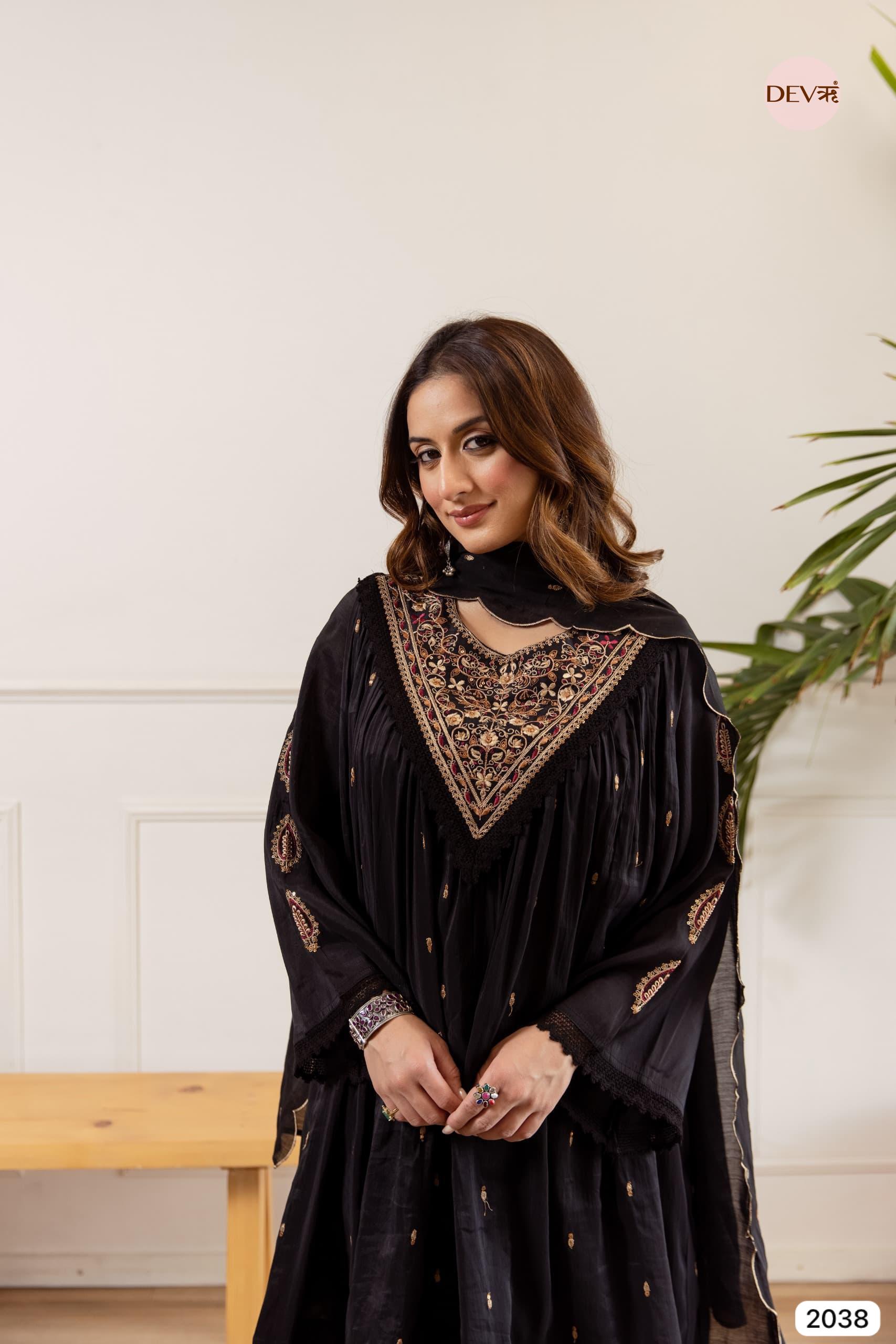 Kashvi Mul Chanderi Embroidered Black 3-Piece Set (Devri – D.No 2038)