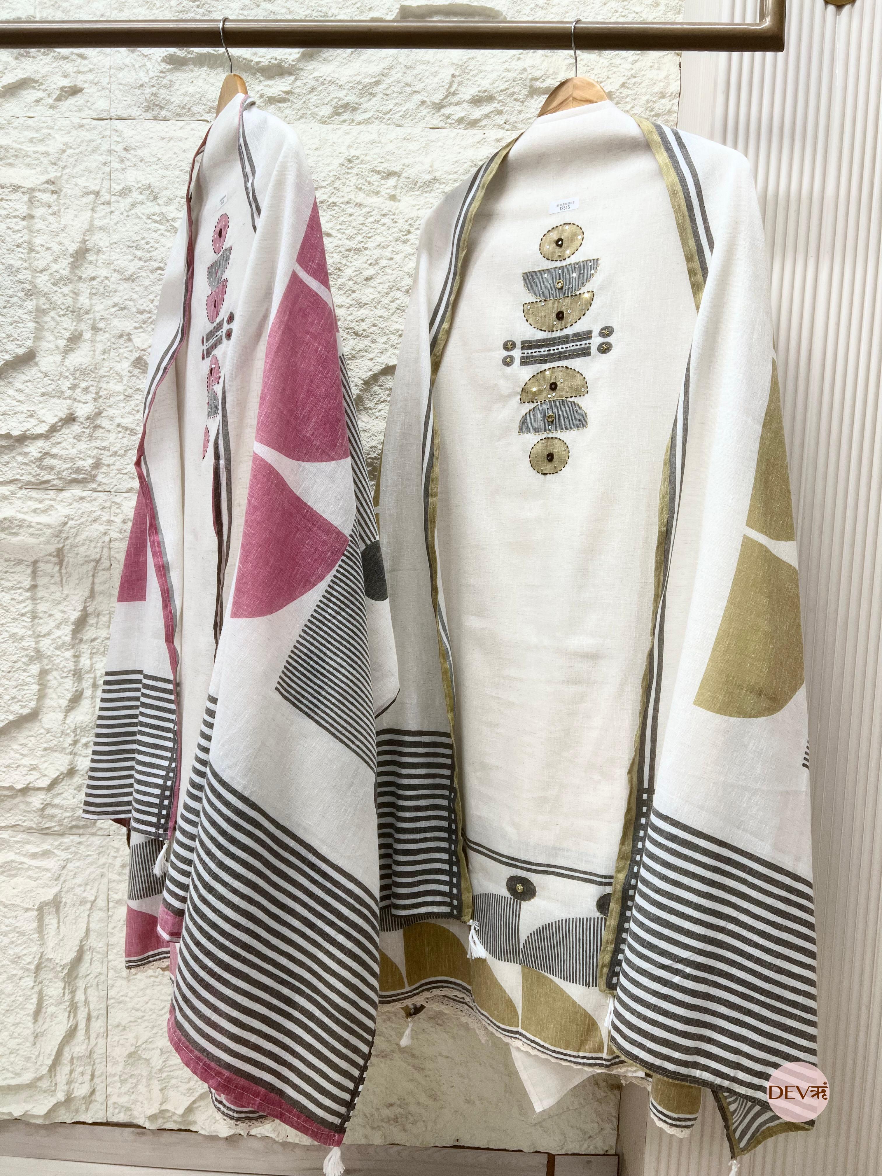 Ivory Linen Cotton Printed Unstitched 3-Piece Suit (Devri – D.No . 12516)