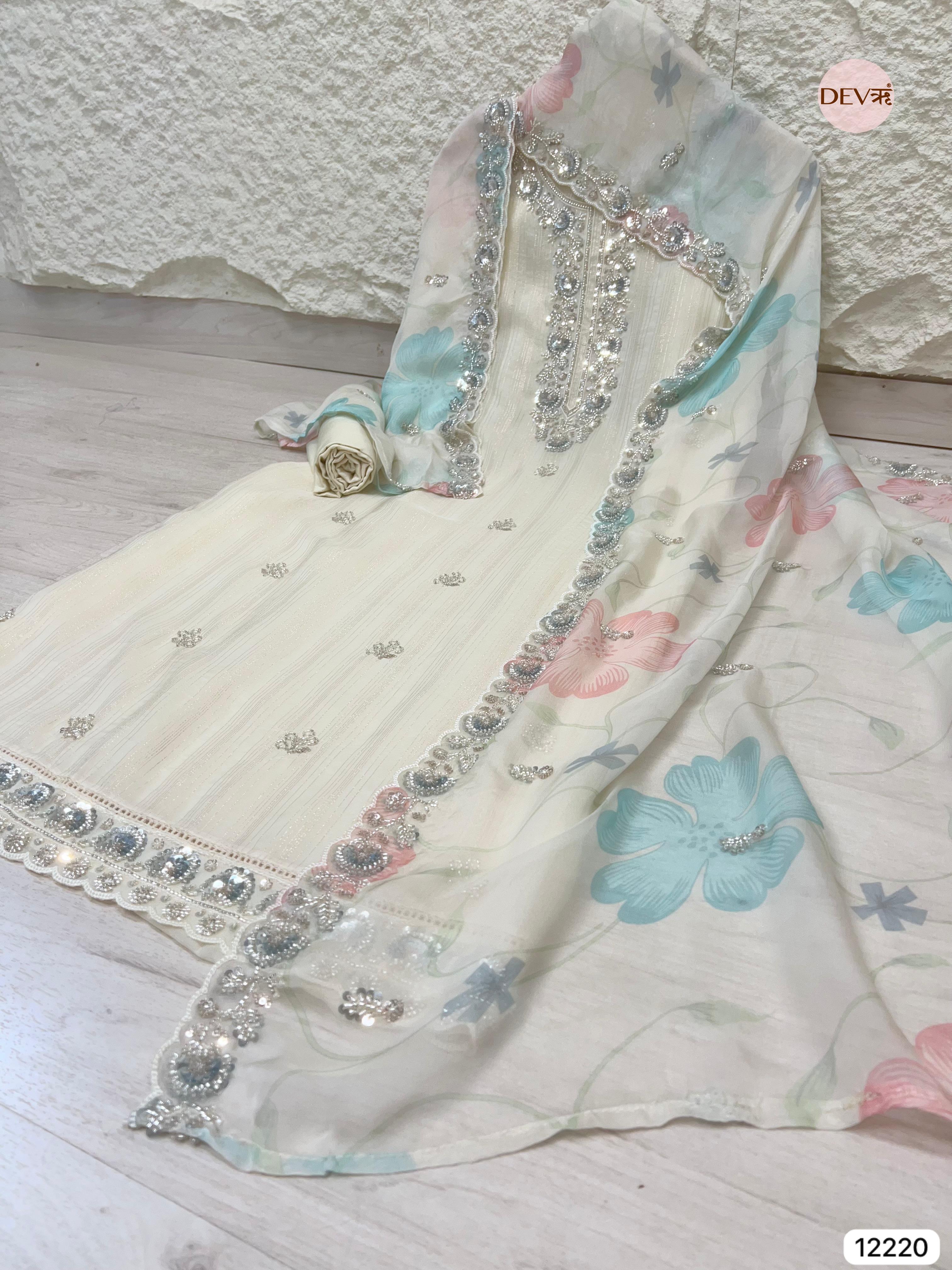 Ivory Pure Organza Hand-Embroidered Unstitched 3-Piece Suit (Devri – D.No 12220)