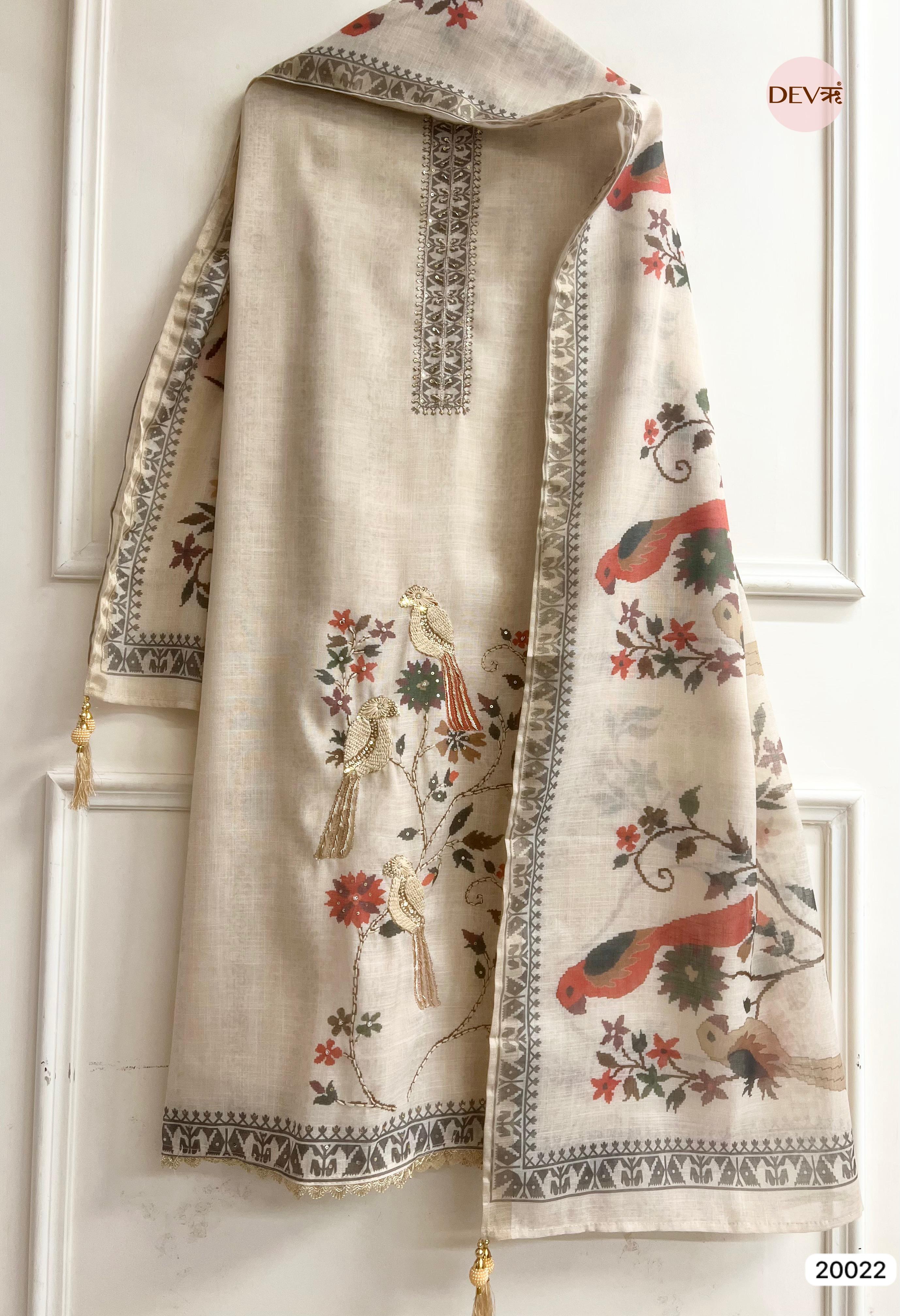 Ivory Linen Cotton Embroidered Unstitched 3-Piece Suit (Devri – D.No 20022)