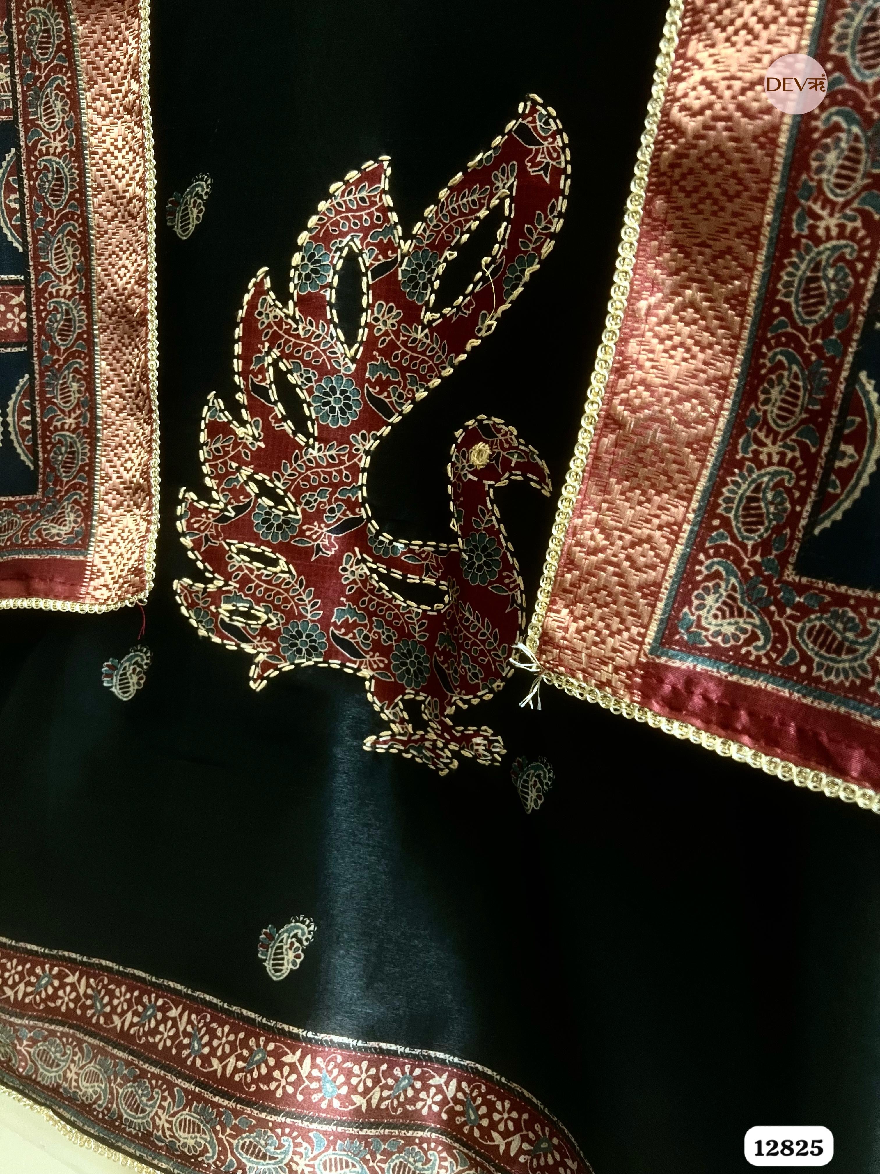 Black chanderi silk printed Unstitched 3-Piece Suit (Devri – D.No12825)