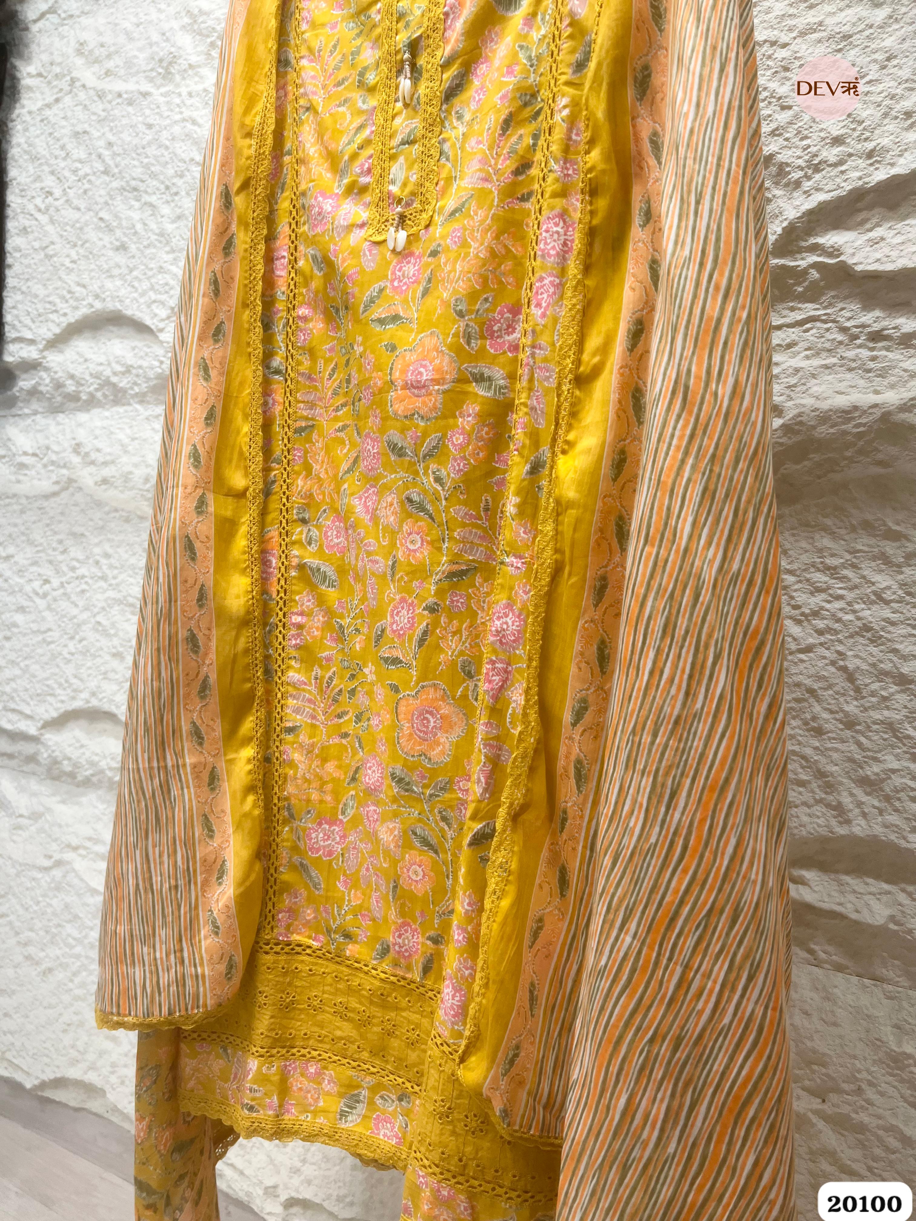 Mustard Yellow Cotton Printed Unstitched 3-Piece Suit (Devri – D.No 20100)