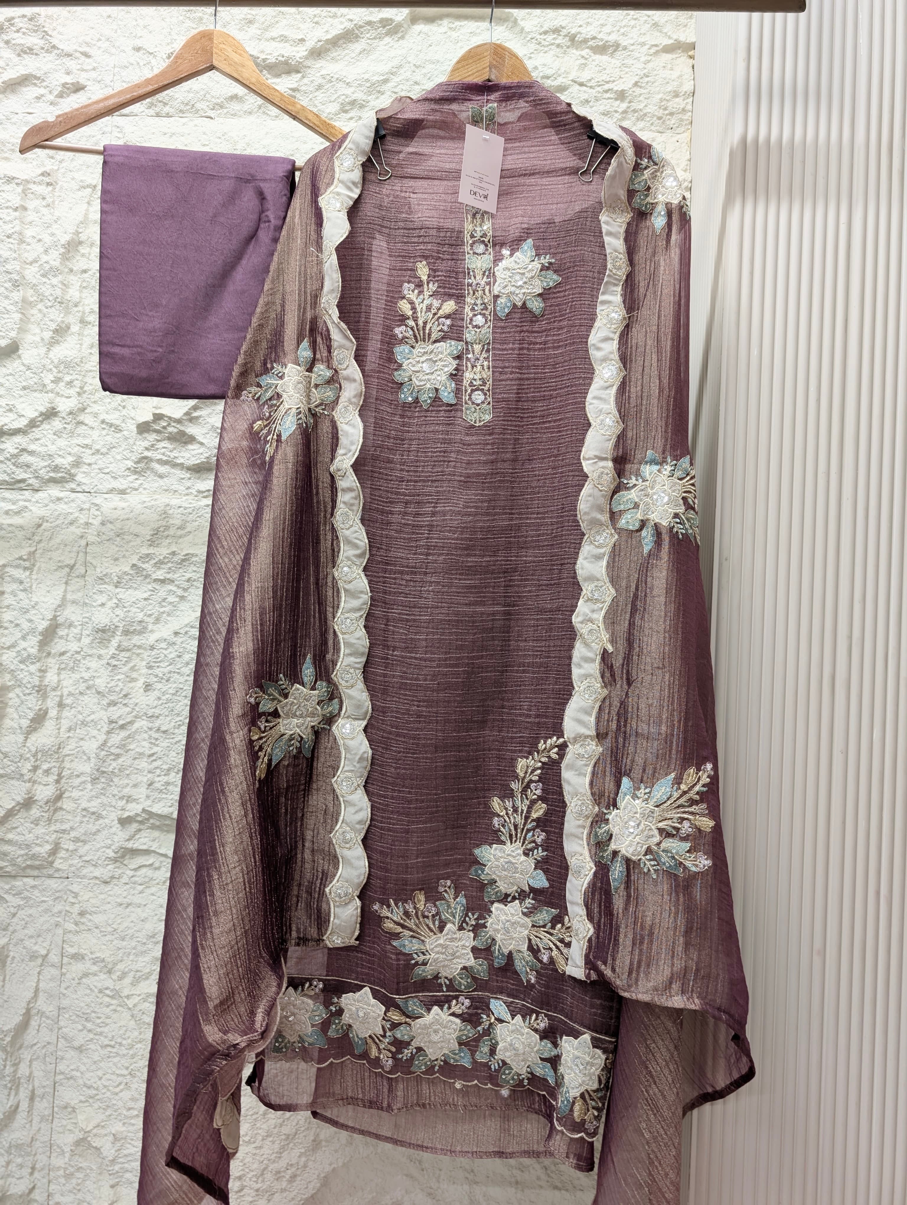 Purple Tissue Crush Silk Embroidered Unstitched 3-Piece Suit (Devri – D.No 13757)