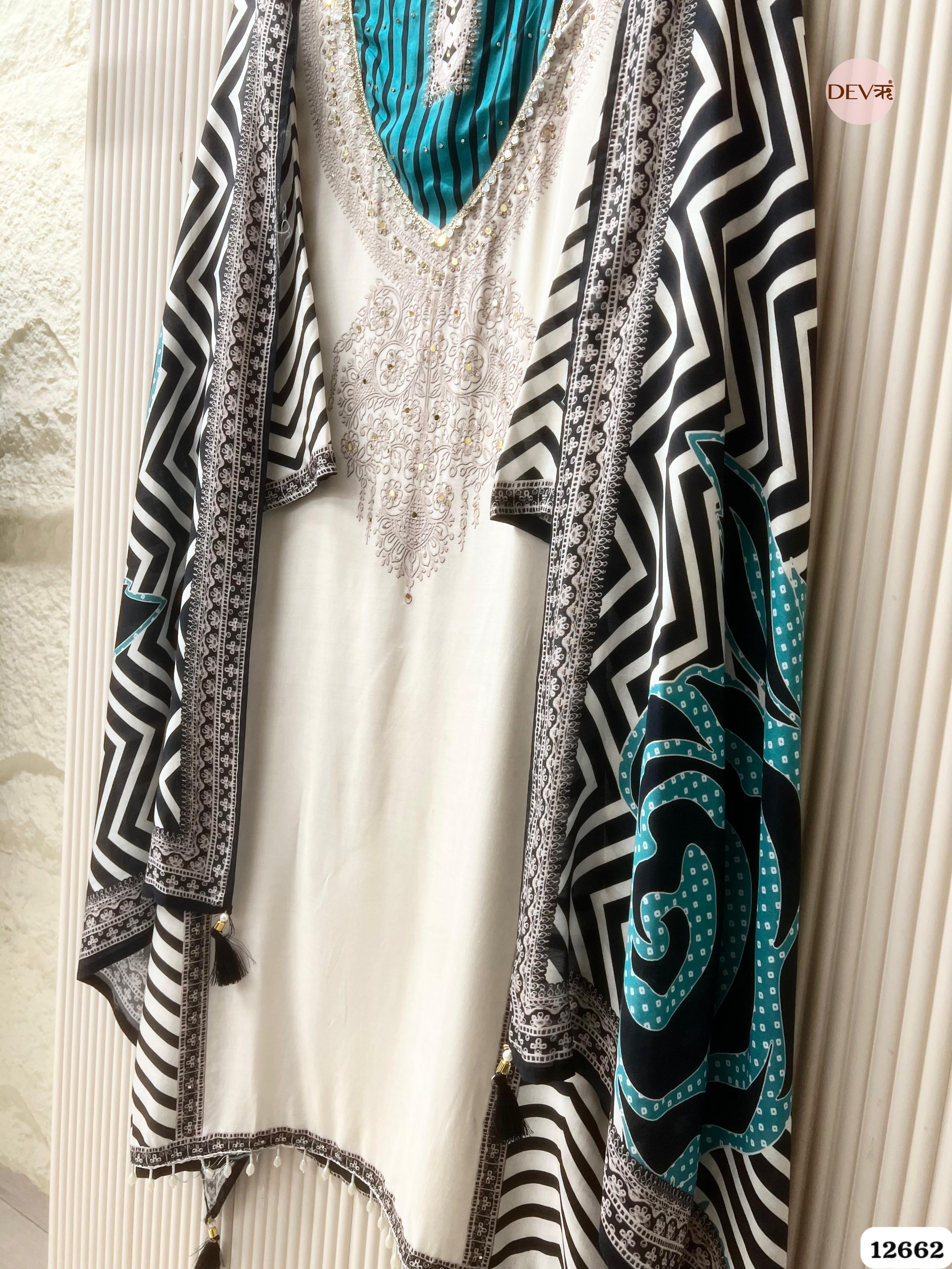 Ivory & Teal Muslin Printed Unstitched 3-Piece Suit (Devri – D.No . 12662)