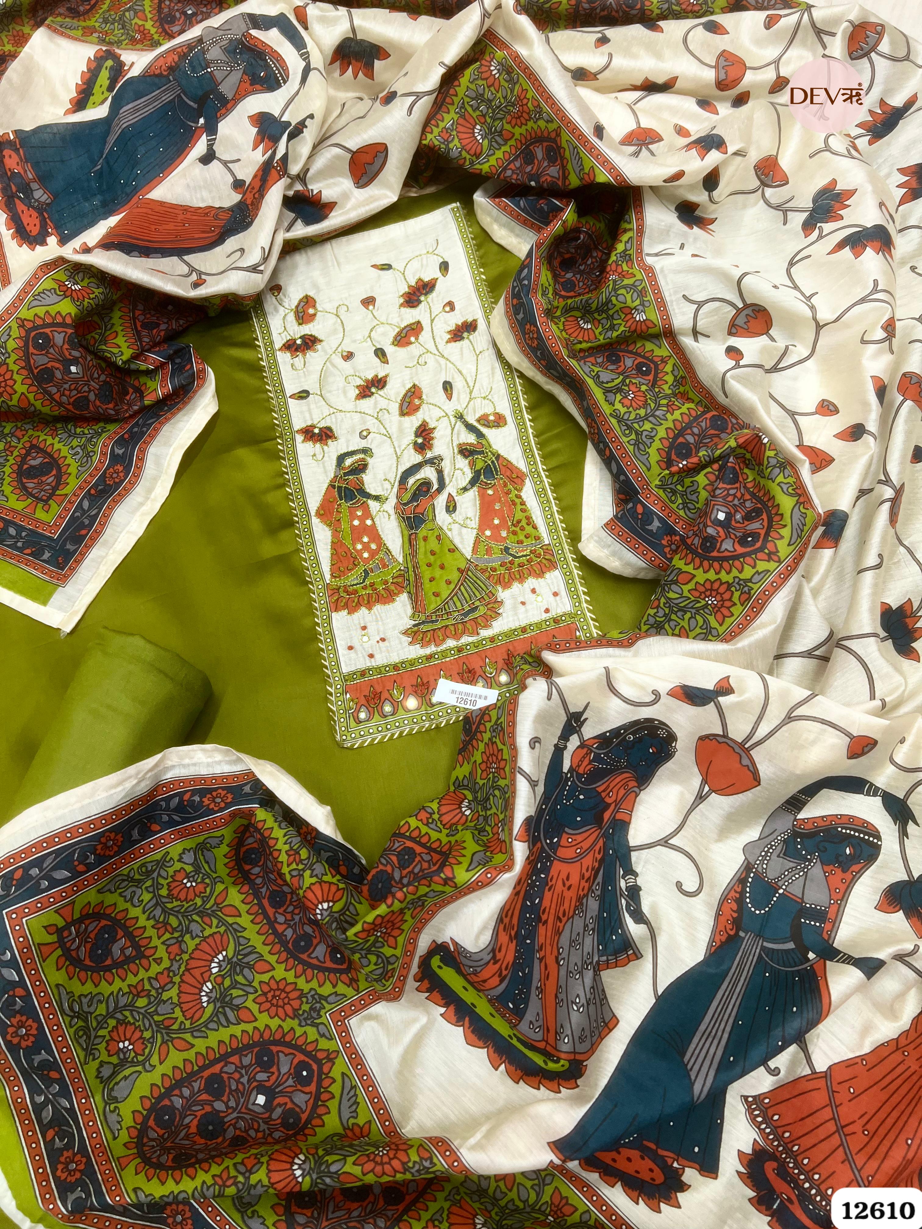 Mehendi Green Glace Cotton Hand Painted Unstitched 3-Piece Suit (Devri – D.No 12610)