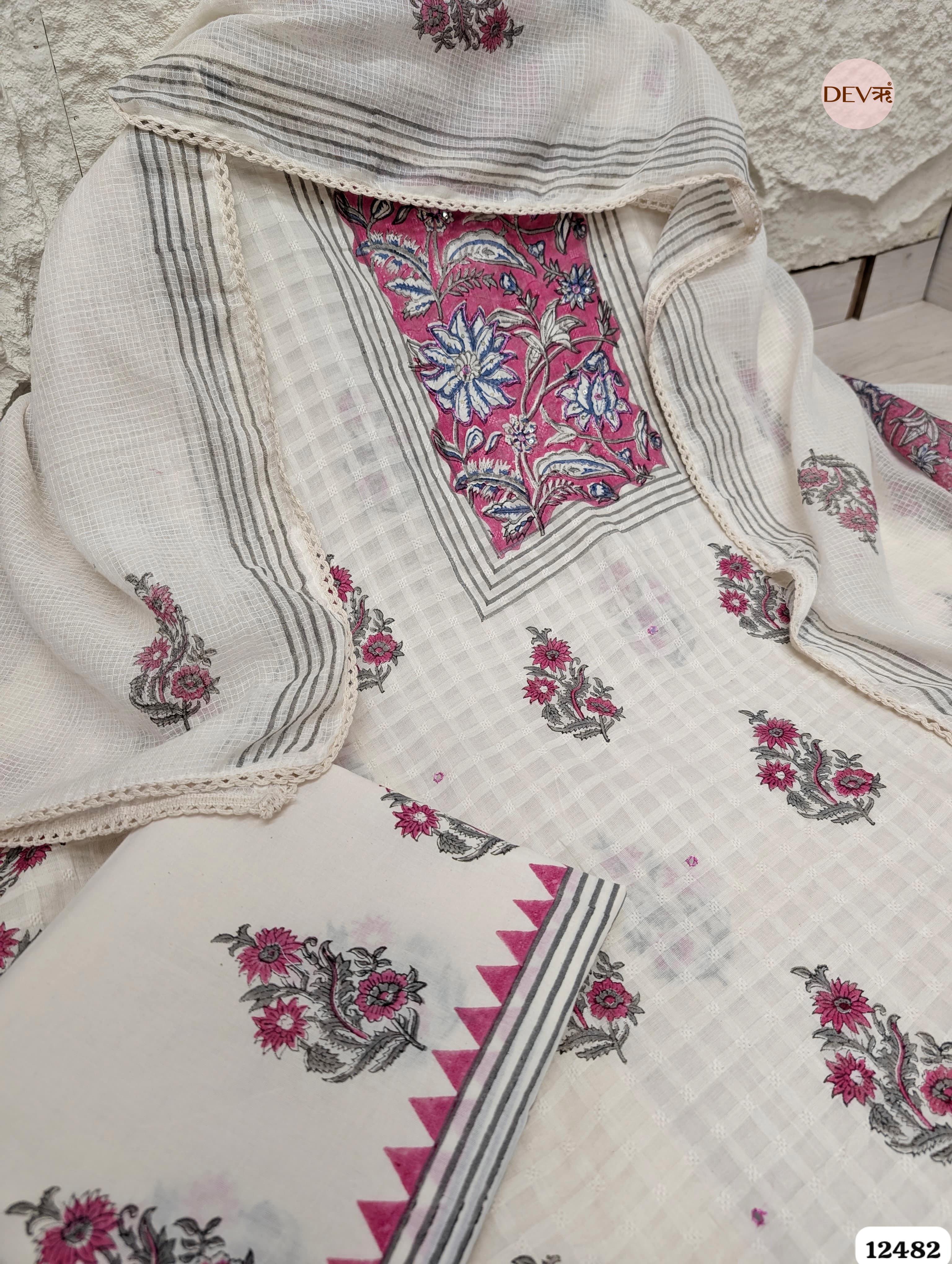 white & Pink Pure Cotton Printed Unstitched 3-Piece Suit (Devri – D.No 12482)