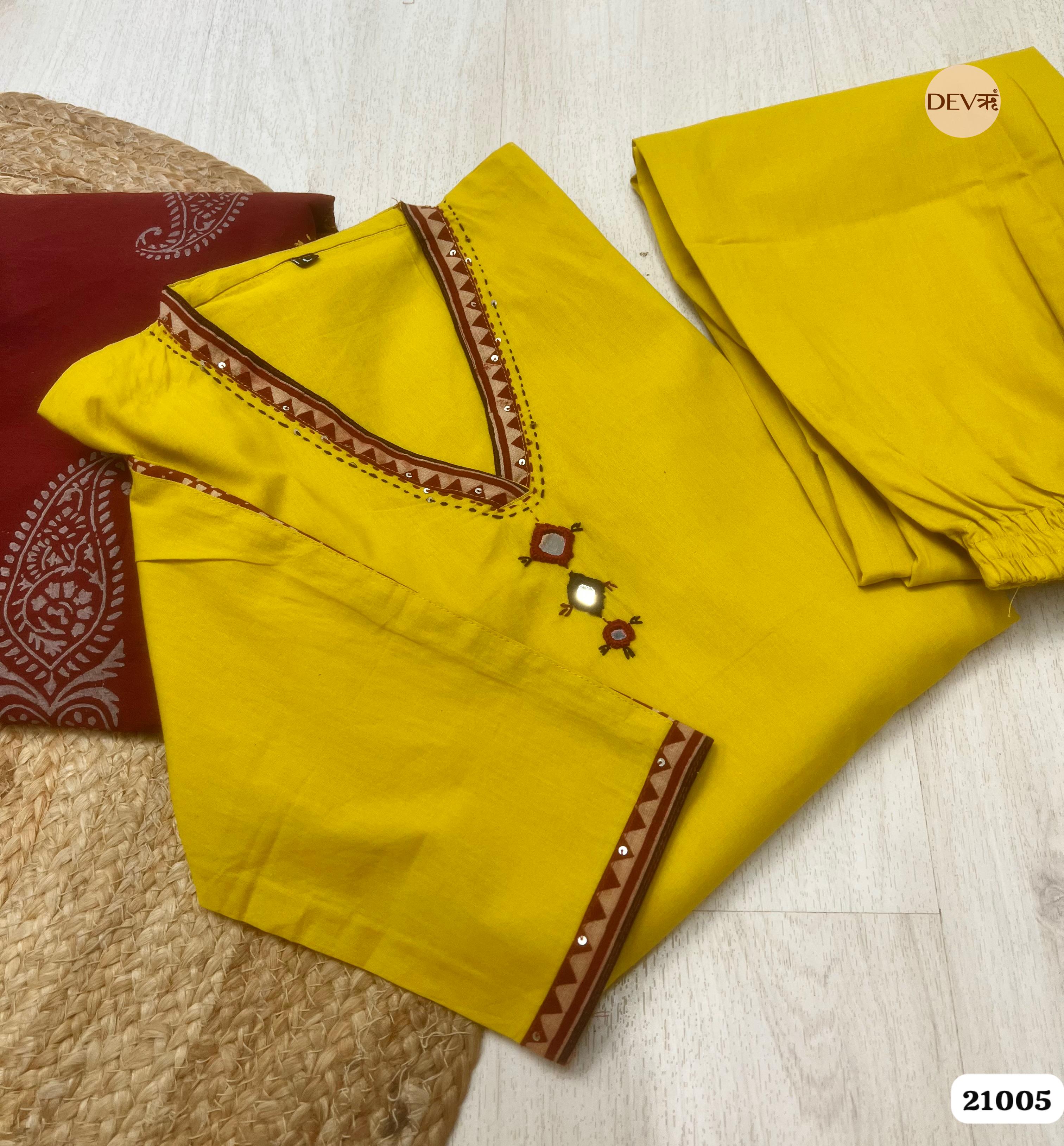 Jivika Cotton Printed Mustard 3-Piece Set (Devri – D.No 21005)