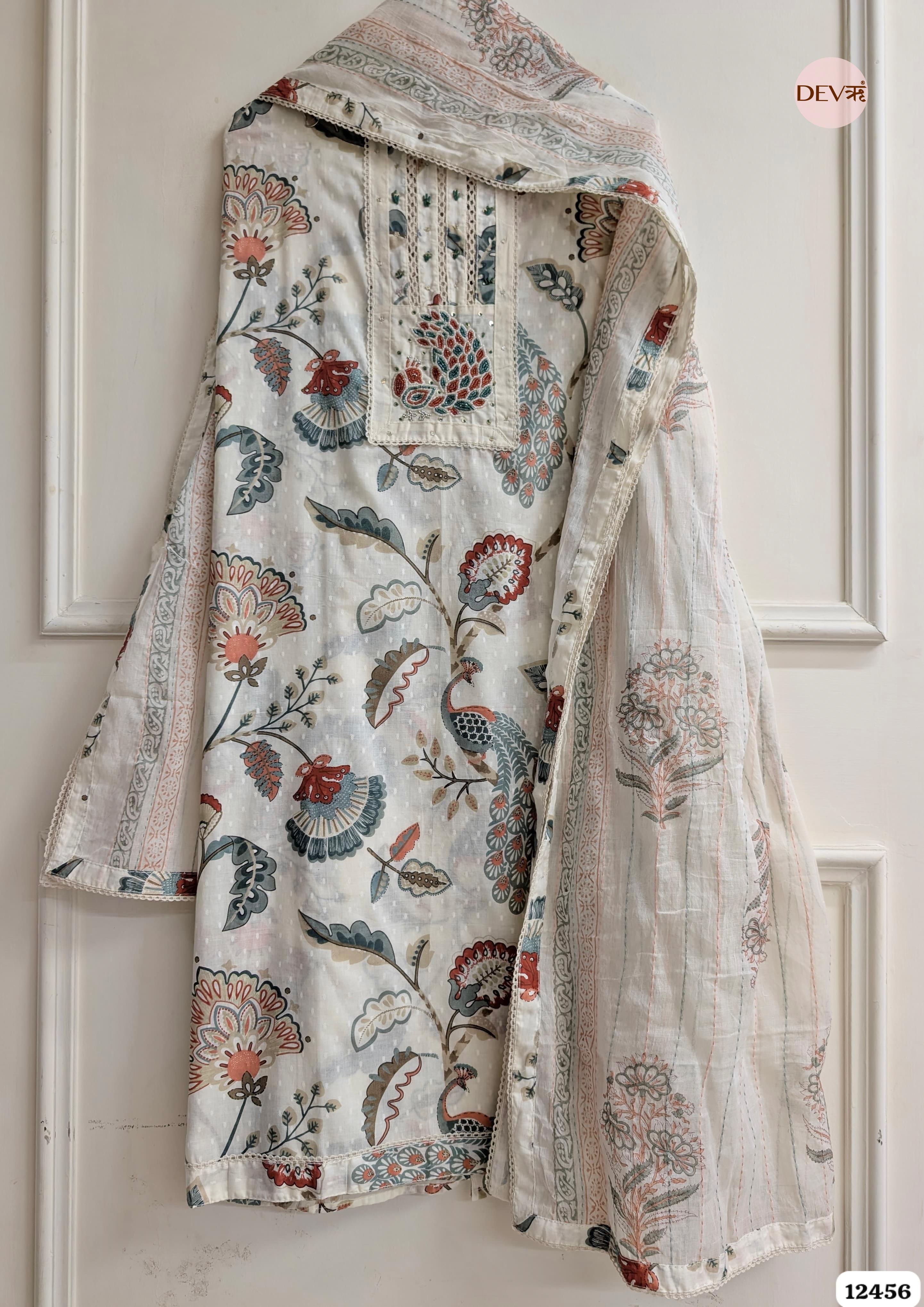 Peach & Teal Pure Cotton Printed Unstitched 3-Piece Suit (Devri – D.No. 12456)