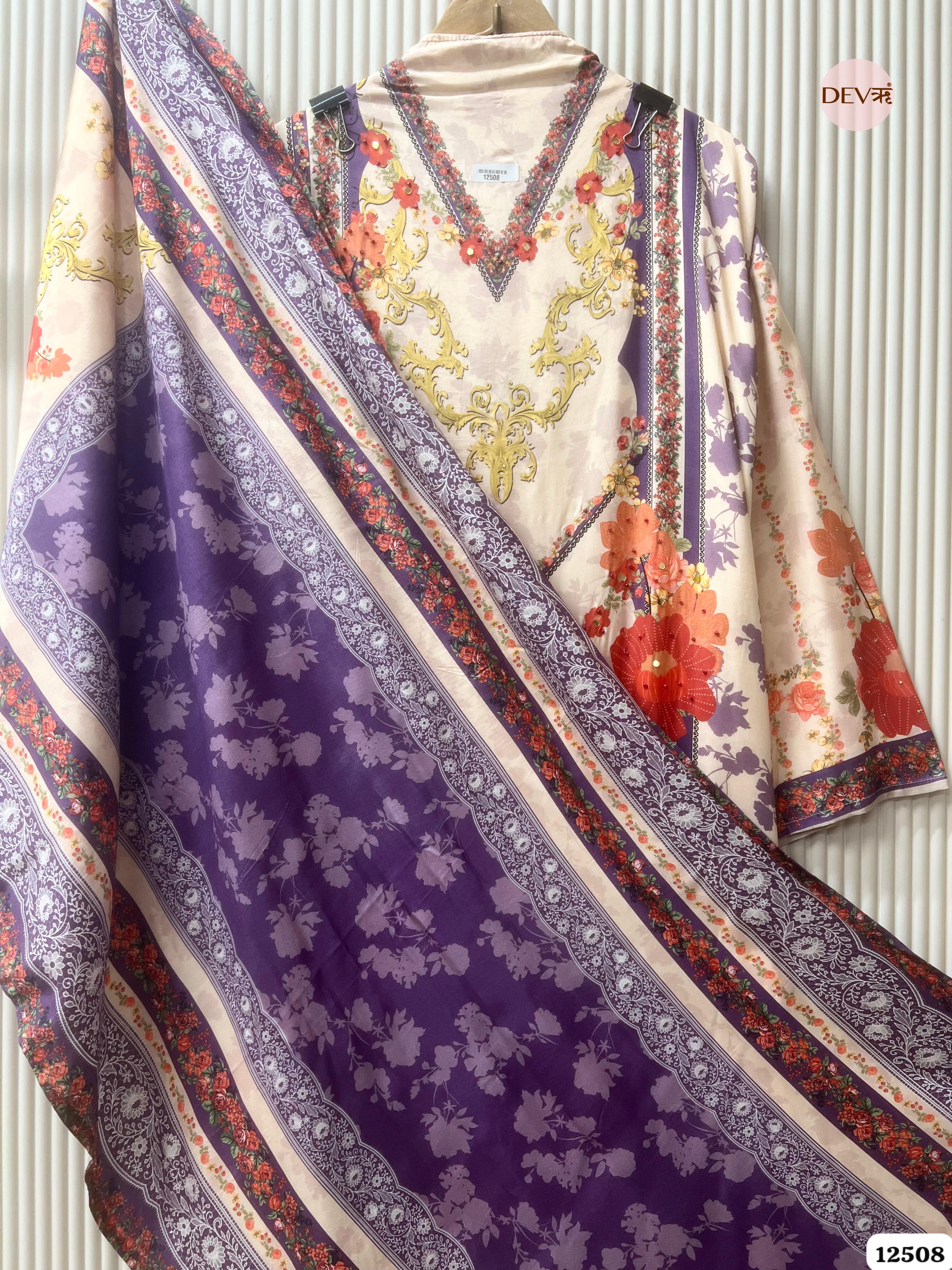 Purple & Cream Muslin Printed Unstitched 3-Piece Suit (Devri – D.No 12508)
