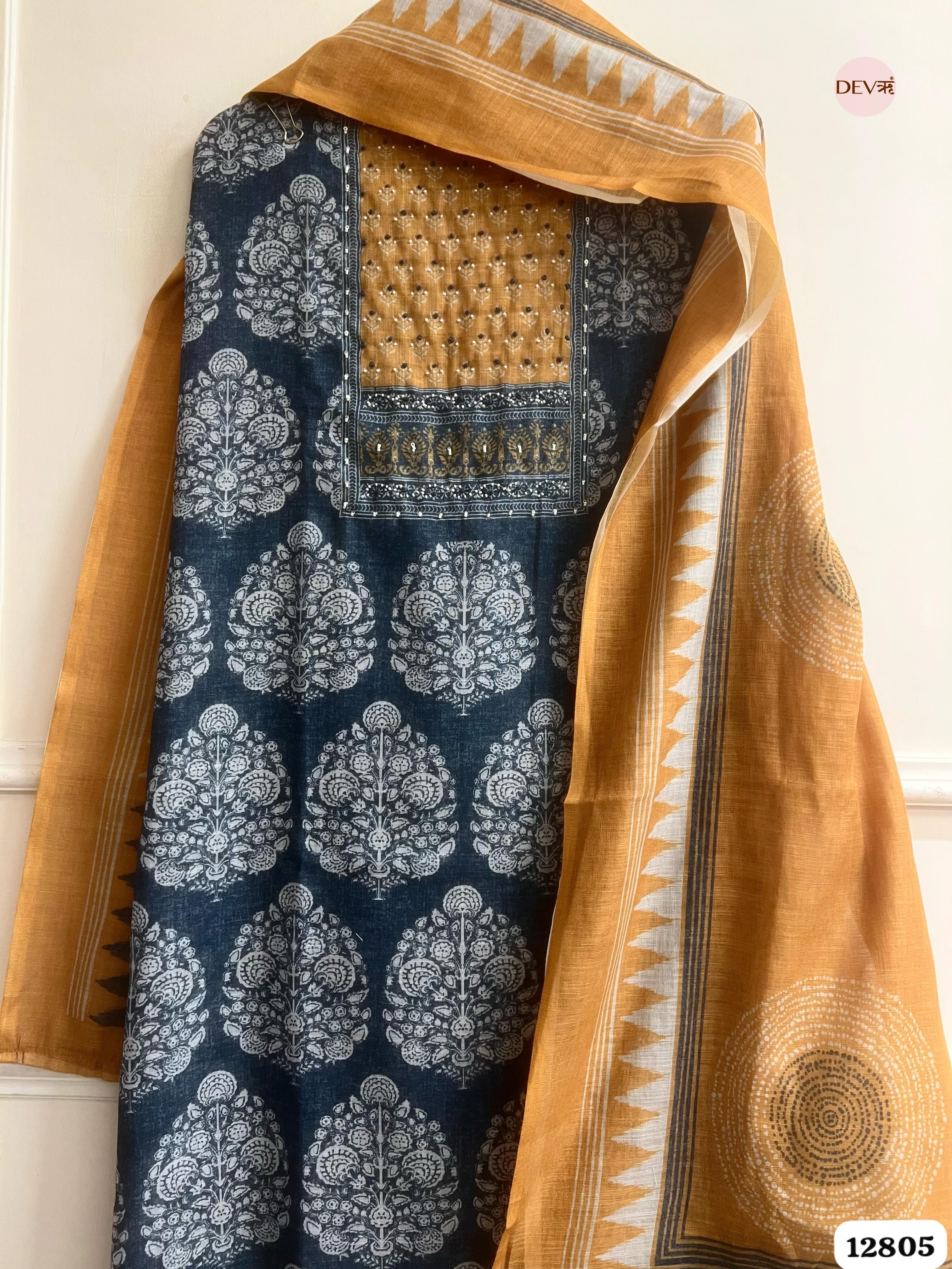 Mustard Linen Cotton Printed Unstitched 3-Piece Suit (Devri – D.No 12805)