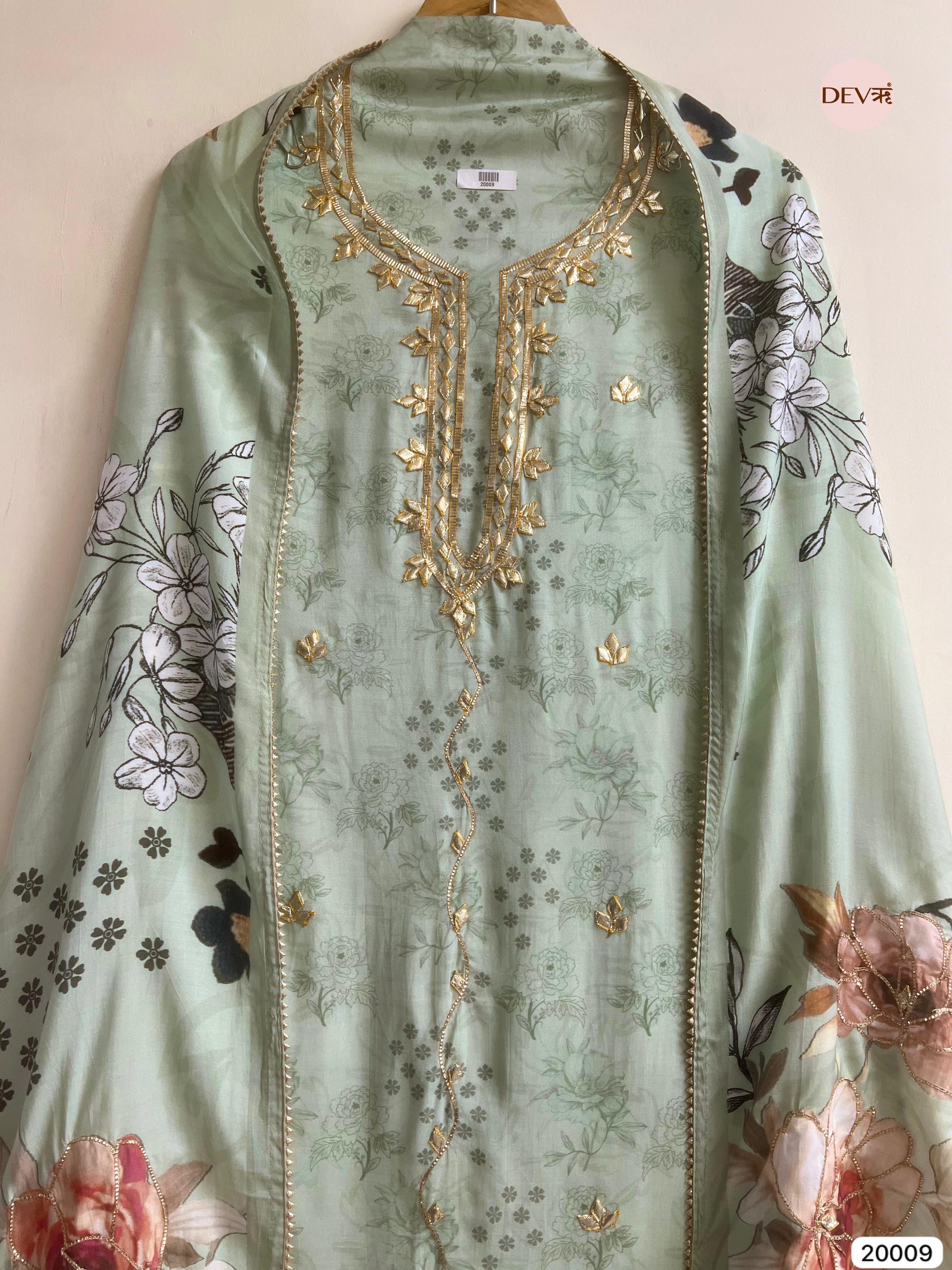 Mint Green Muslin Printed and Embroidered Unstitched 3-Piece Suit (Devri – D.No 20009)