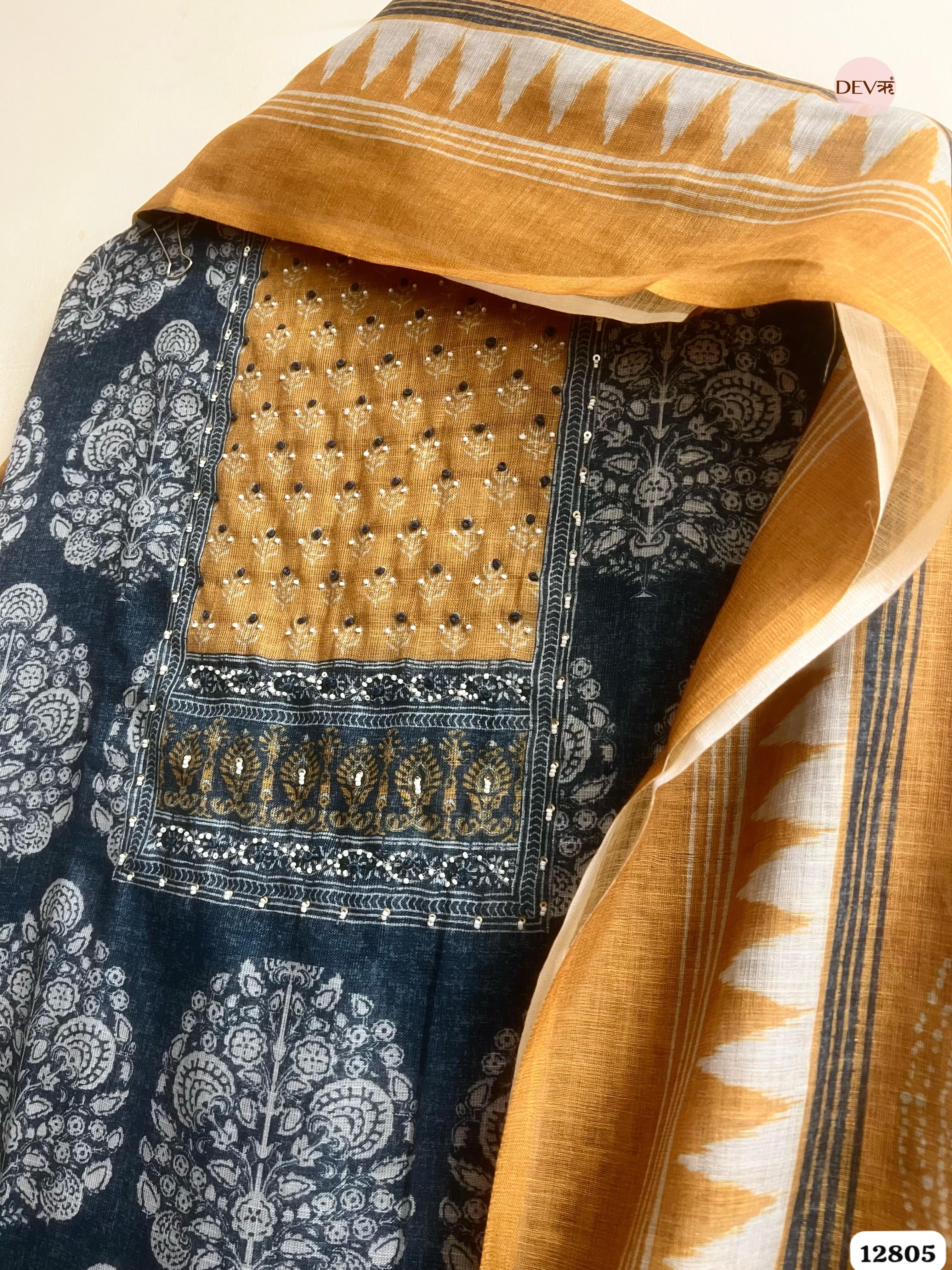 Mustard Linen Cotton Printed Unstitched 3-Piece Suit (Devri – D.No 12805)