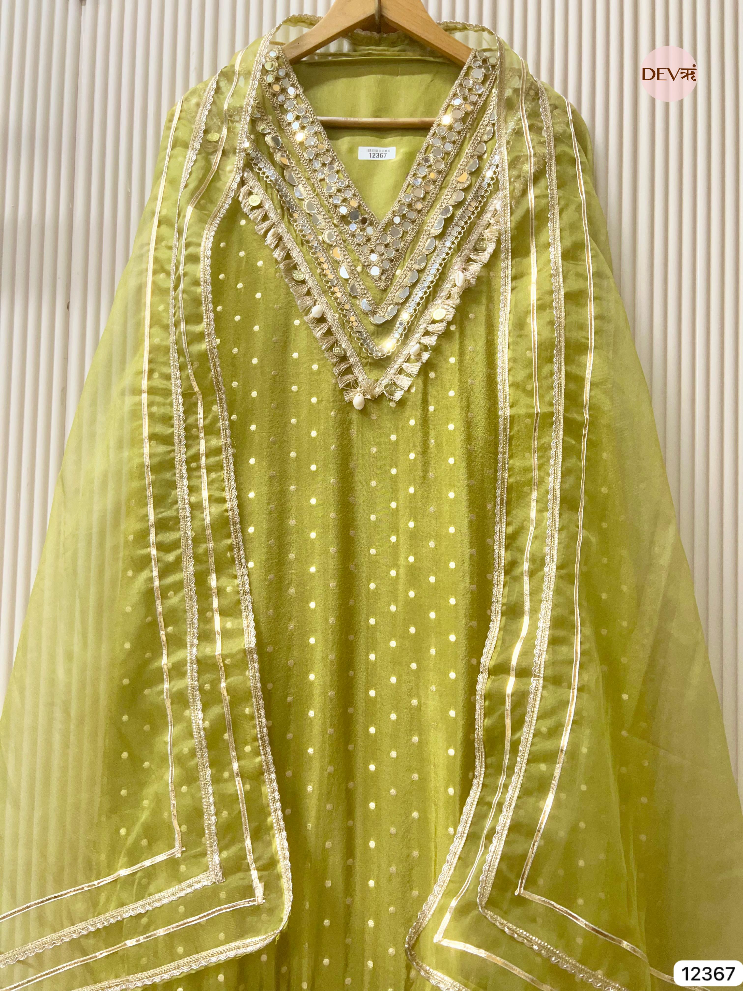 Olive Green Tissue Shimmer Embellished Unstitched 3-Piece Suit (Devri – D.No 12367)
