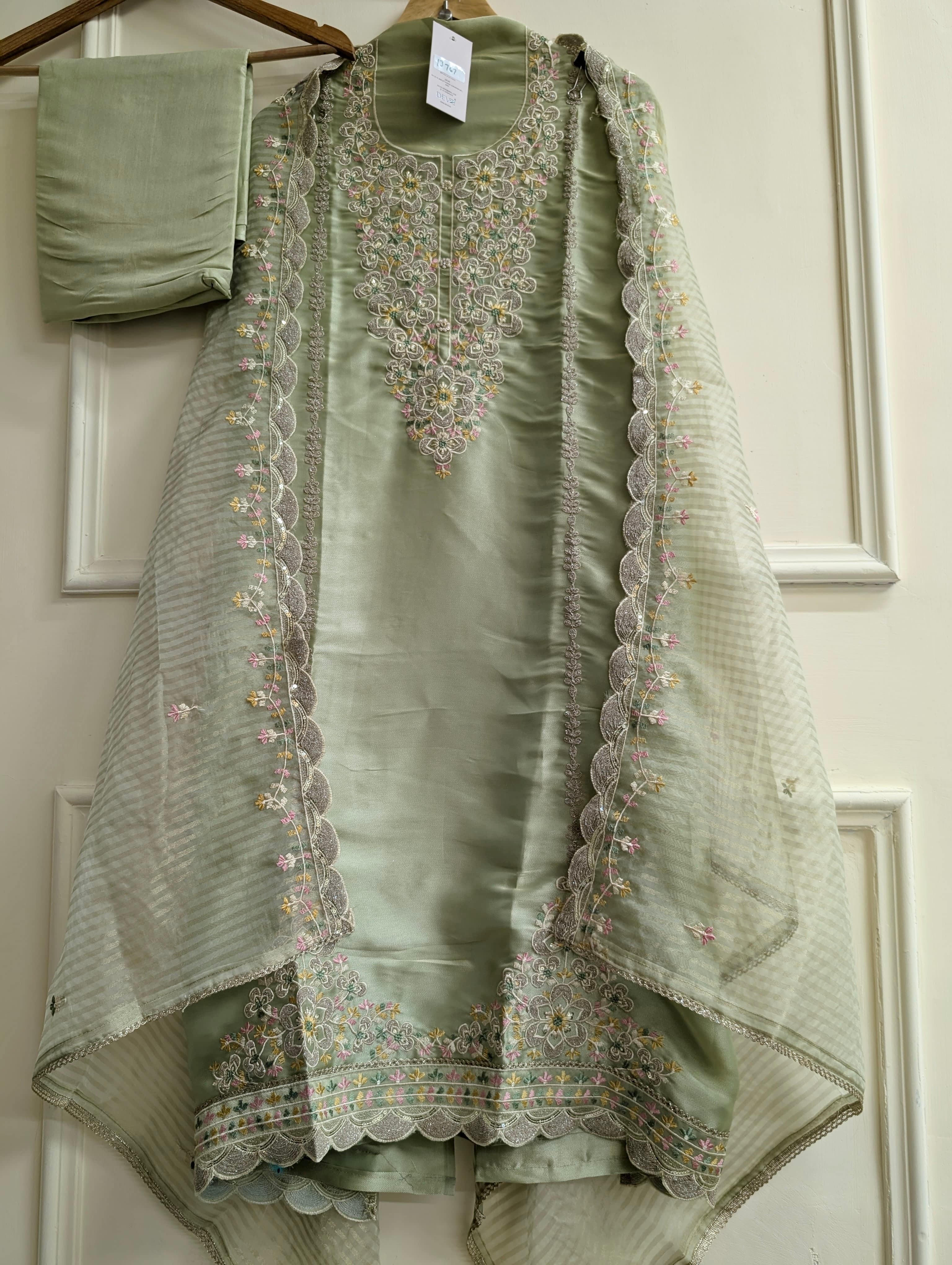 Sage Tissue Silk Embroidered Unstitched 3-Piece Suit (Devri – D.No 13767)