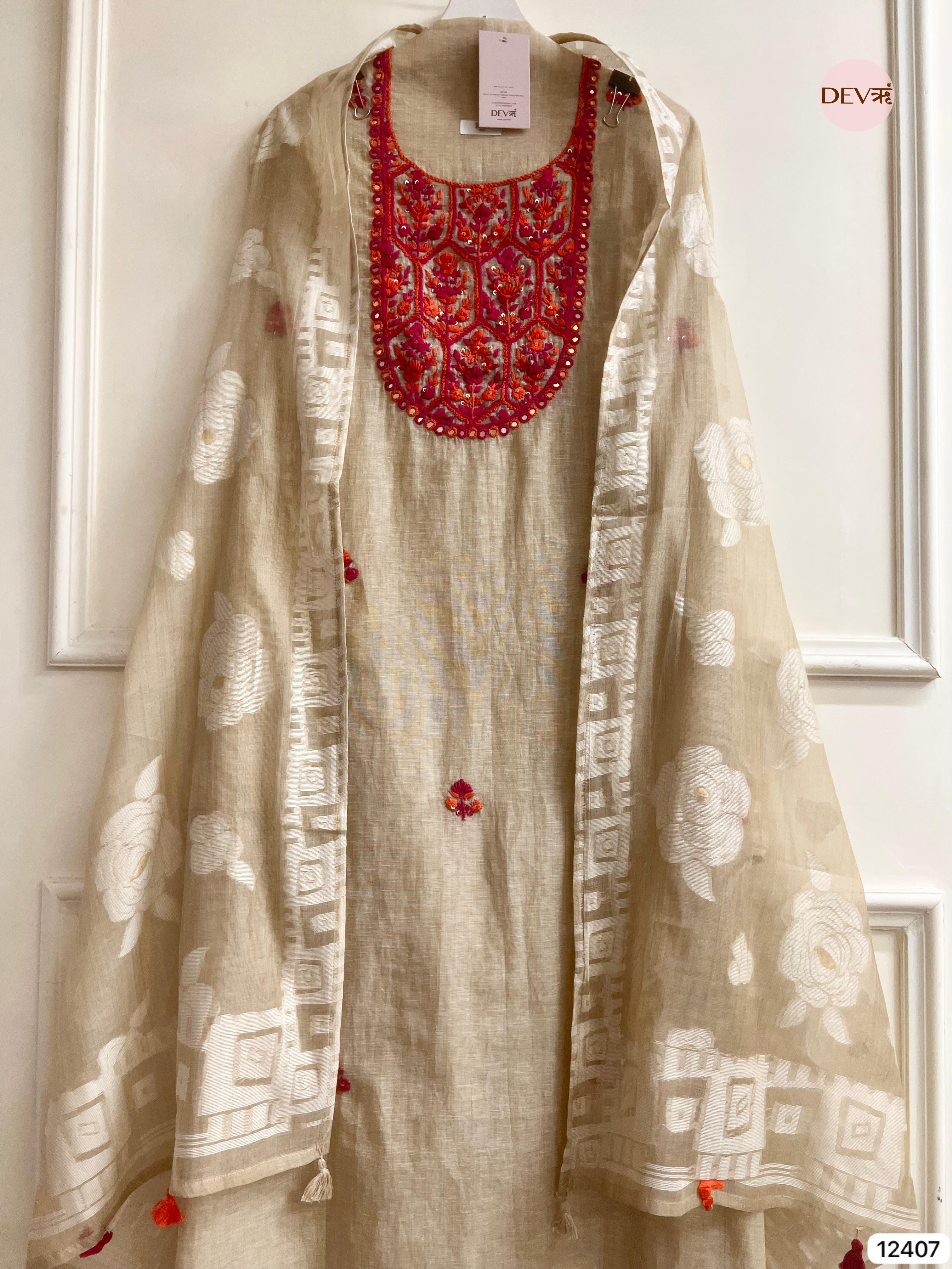 Beige Mul Chanderi Embroidered Unstitched 3-Piece Suit (Devri – D.No 12407)