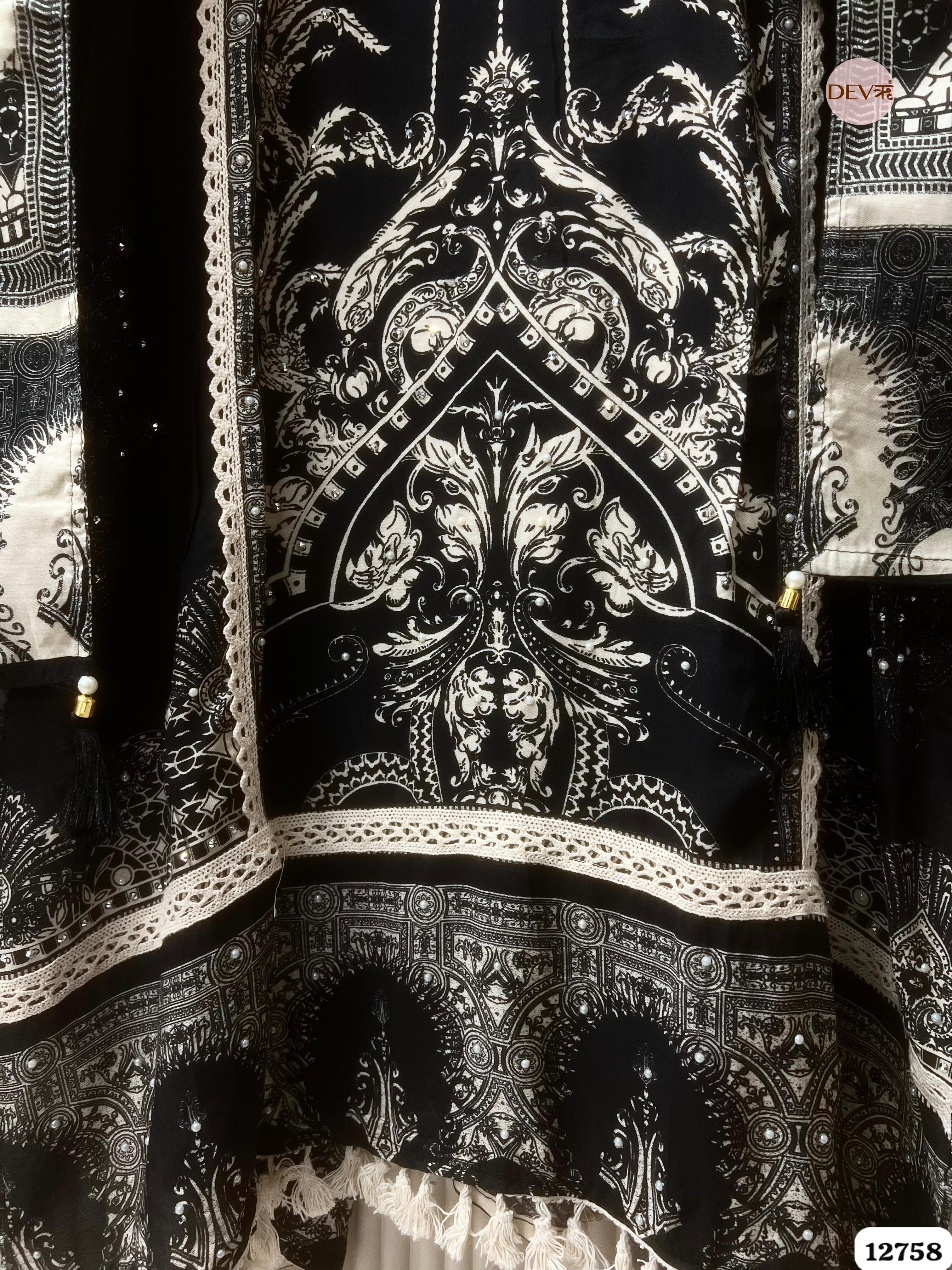 Black Muslin Printed Unstitched 3-Piece Suit (Devri – D.No 12758)