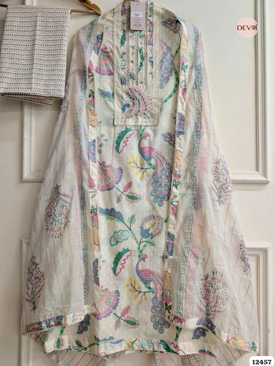 Cream & Multi-Color Pure Cotton Printed Unstitched 3-Piece Suit (Devri – D.No. 12457)