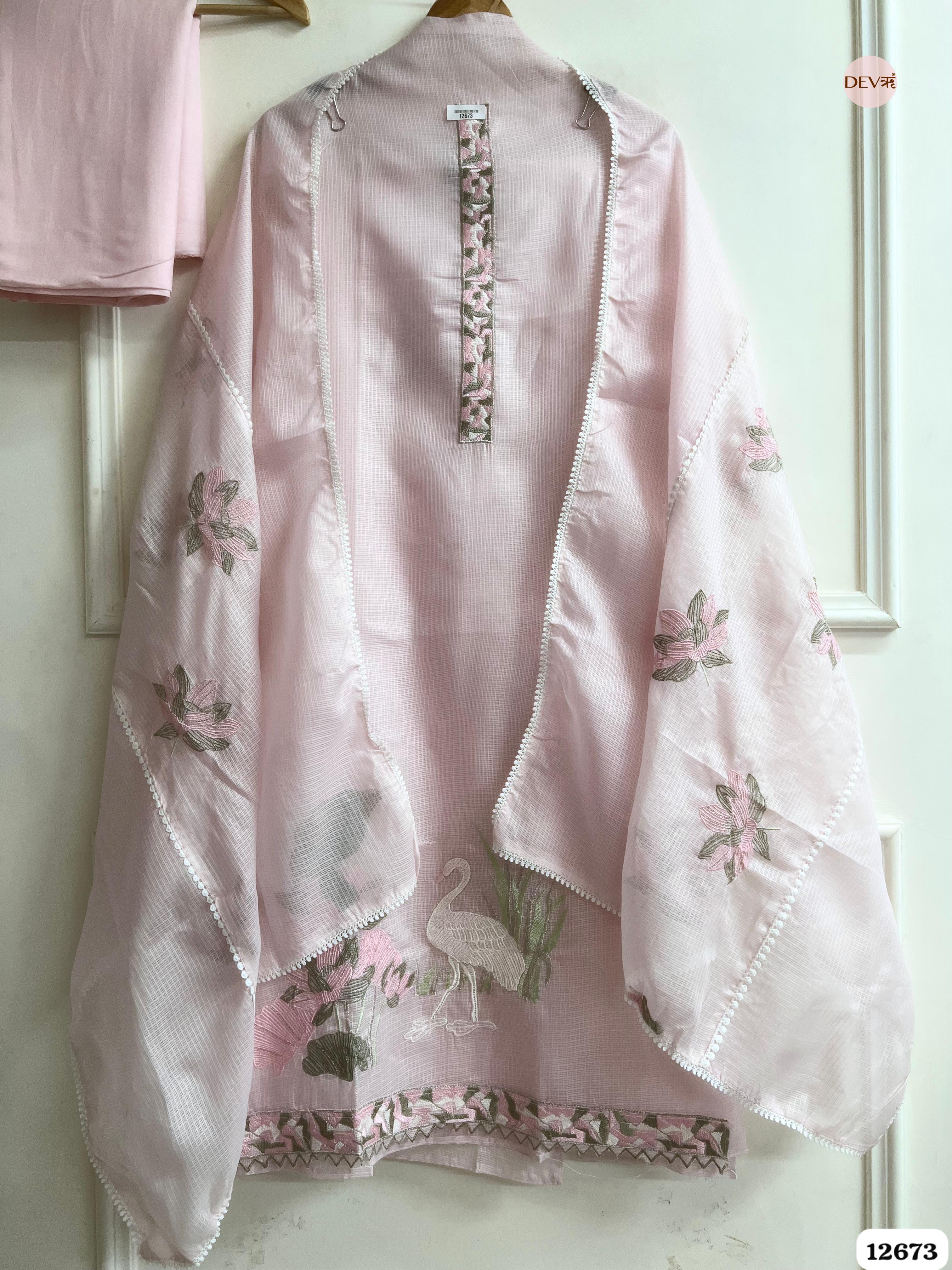Baby Pink Kota Embroidered Unstitched 3-Piece Suit (Devri – D.No 12673)