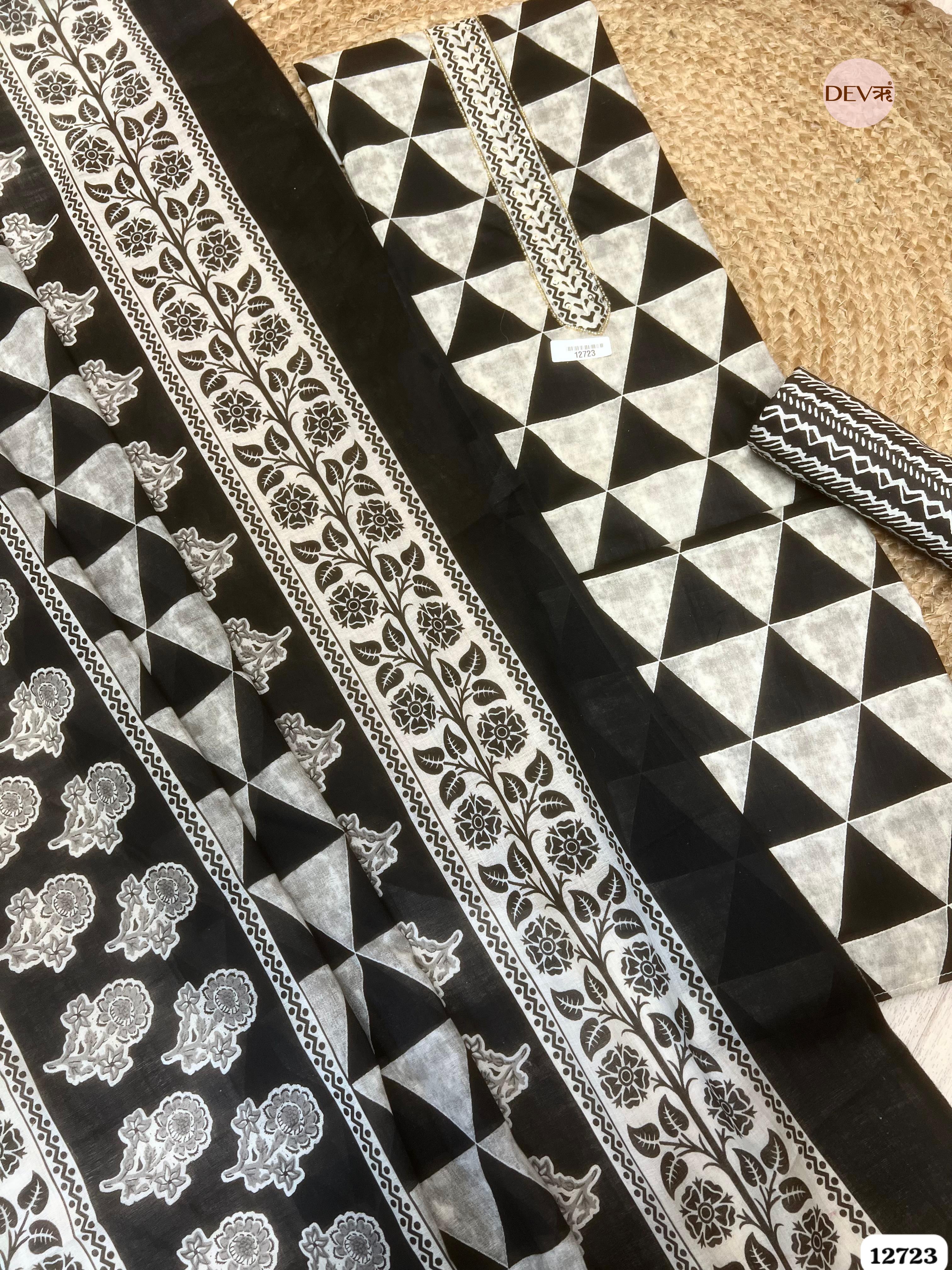 Black Cotton Printed Unstitched 3-Piece Suit (Devri – D.No 12723)