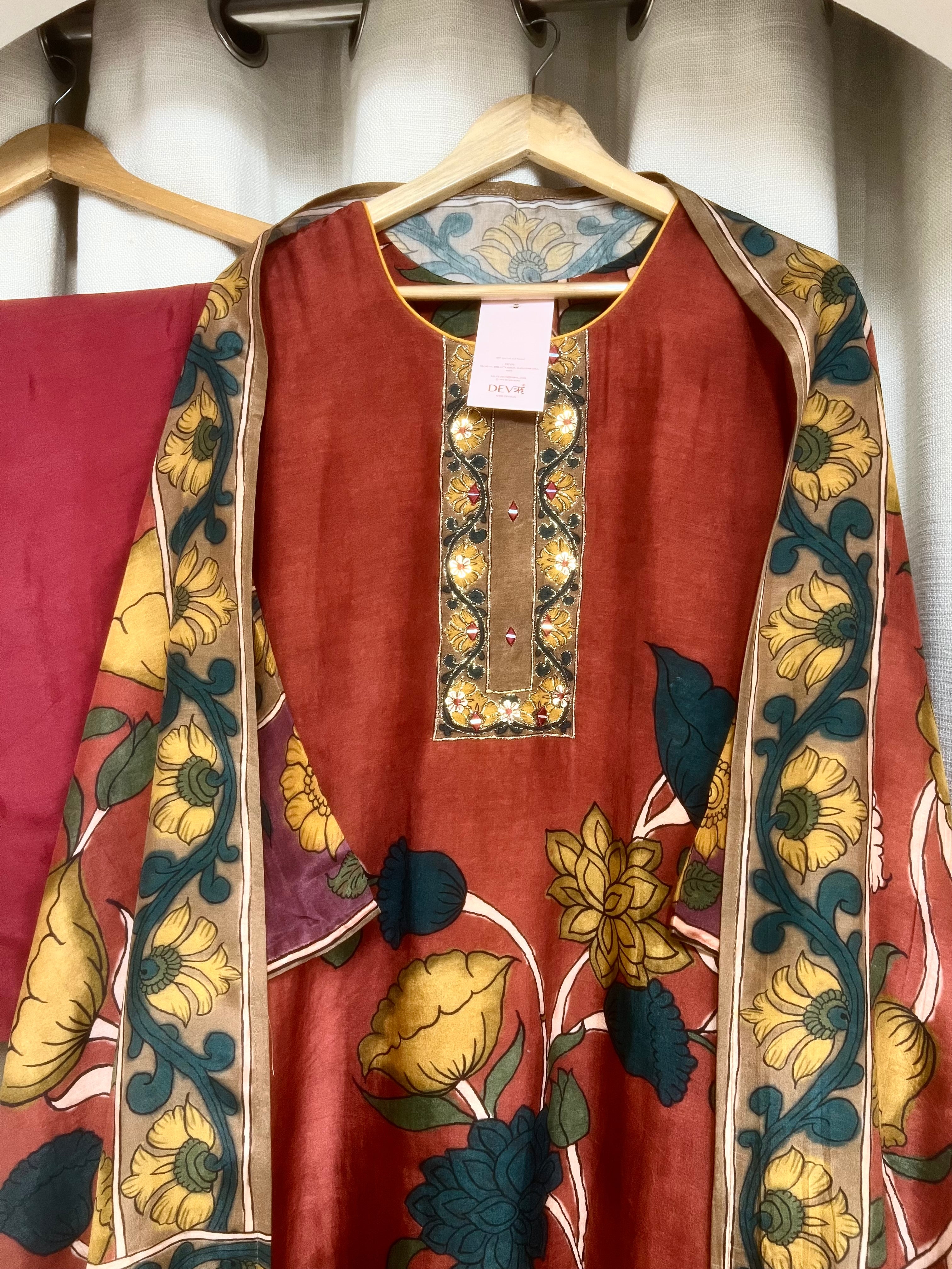 Devanshi Rust Muslin Silk Embroidered 3-Piece Set - {1075}