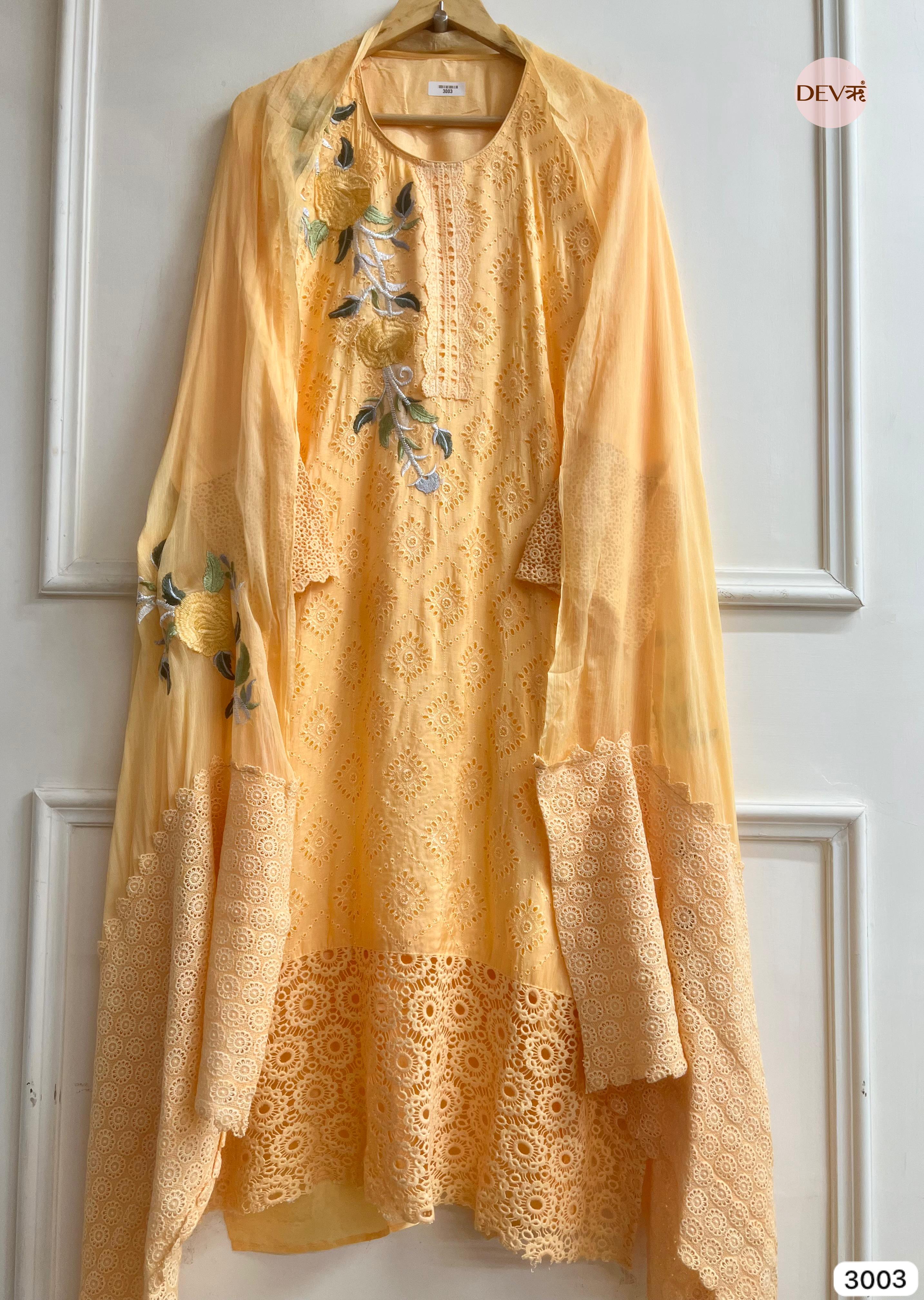 Yellow Upada Silk Embroidered Unstitched 3-Piece Suit (Devri – D.No 3003)