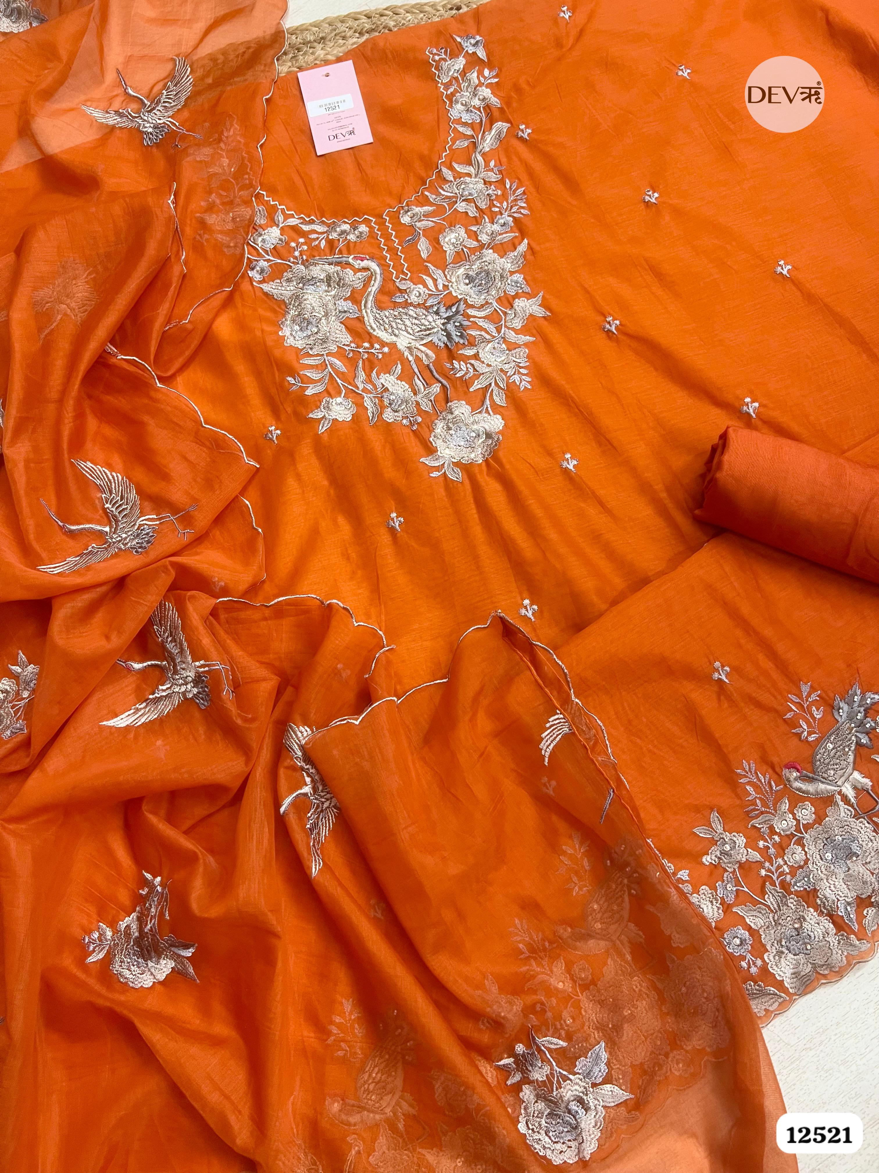 Orange Pure Mul Chanderi Embroidered Unstitched 3-Piece Suit (Devri – D.No 12521)