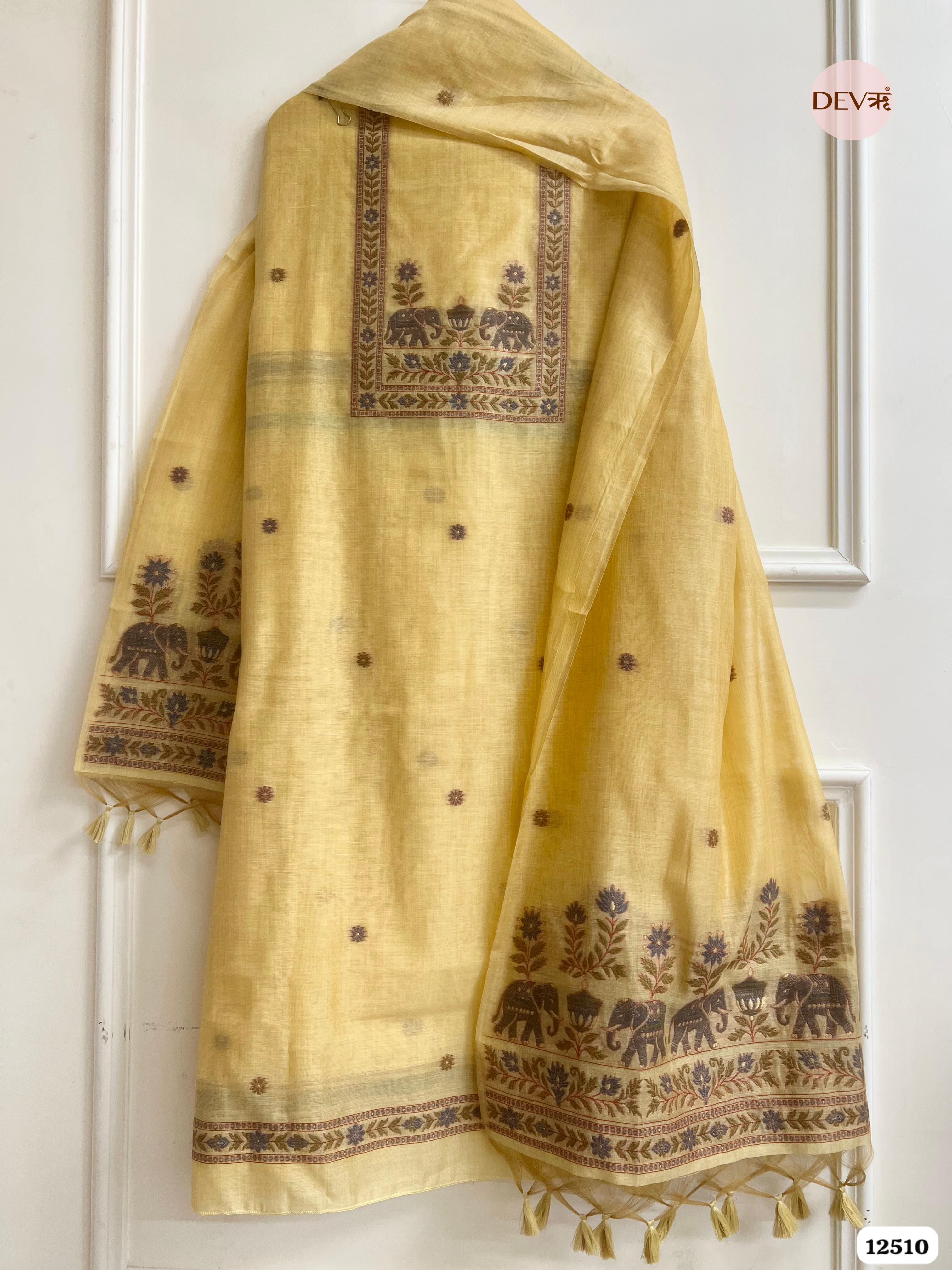 Yellow Jamdani Embroidered Unstitched 3-Piece Suit (Devri – D.No 12510)