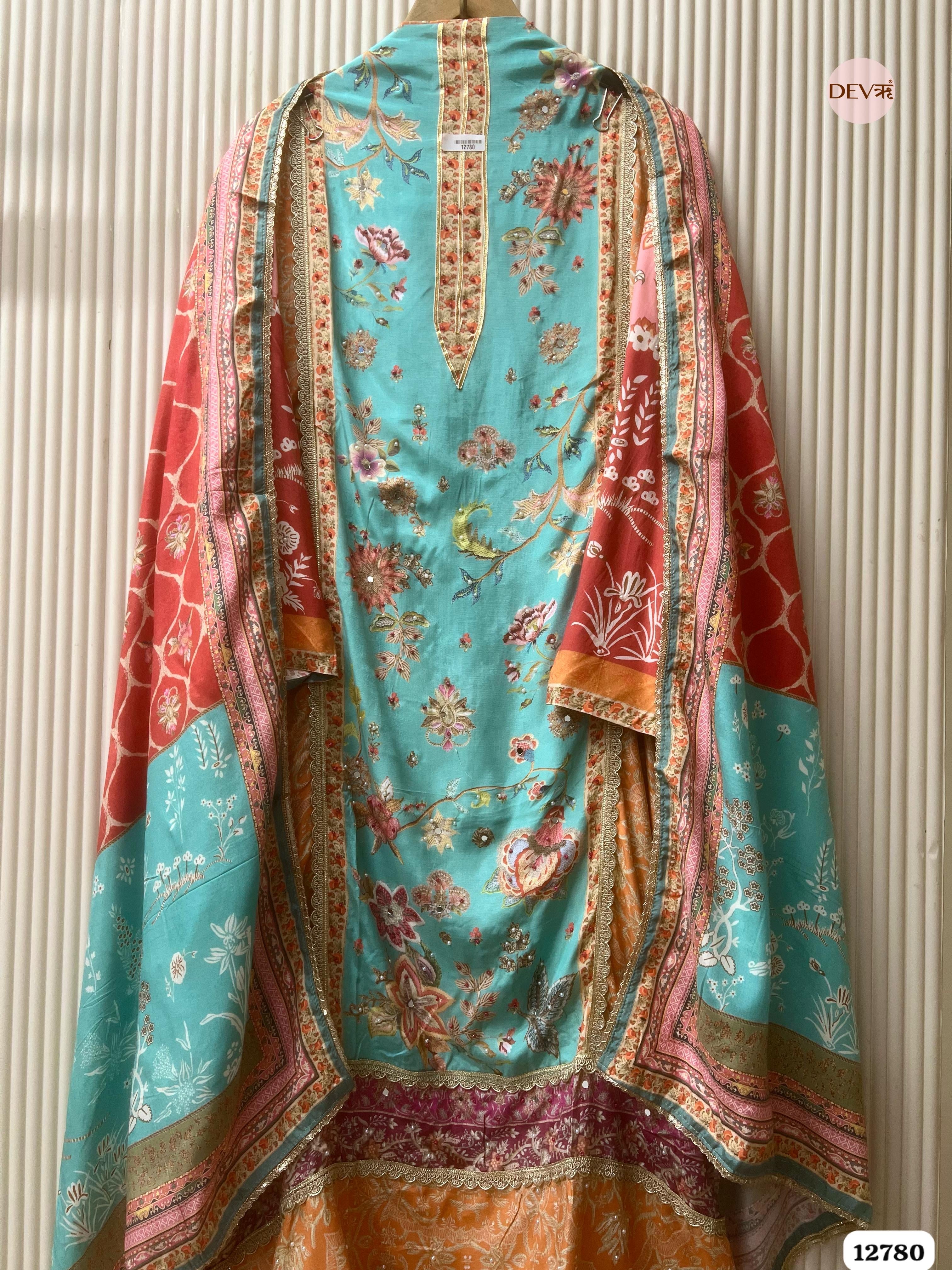Aqua Muslin Printed Unstitched 3-Piece Suit (Devri – D.No 12780)