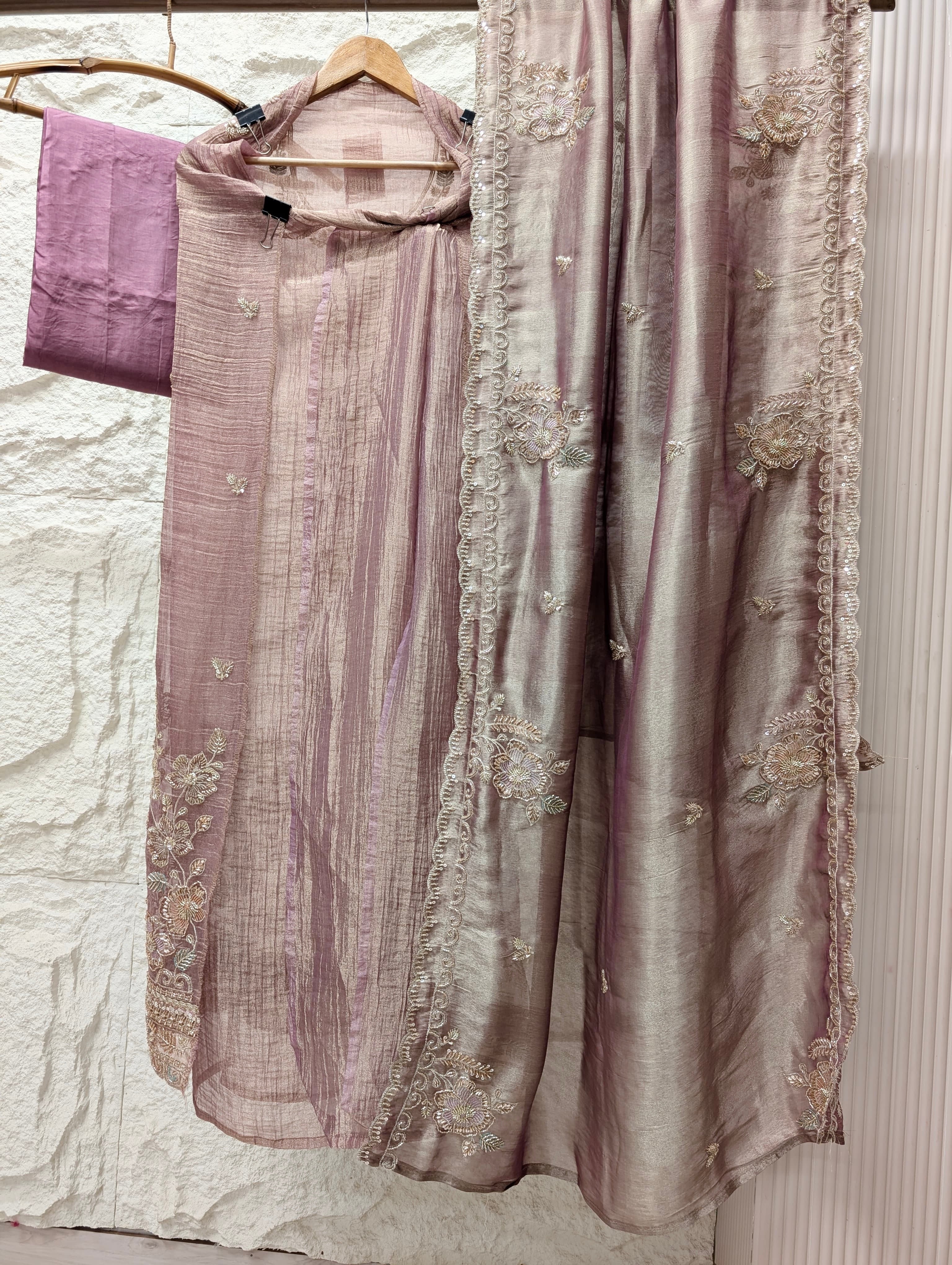 Mauve Tissue Crush Silk Embroidered Unstitched 3-Piece Suit (Devri – D.No 13646)