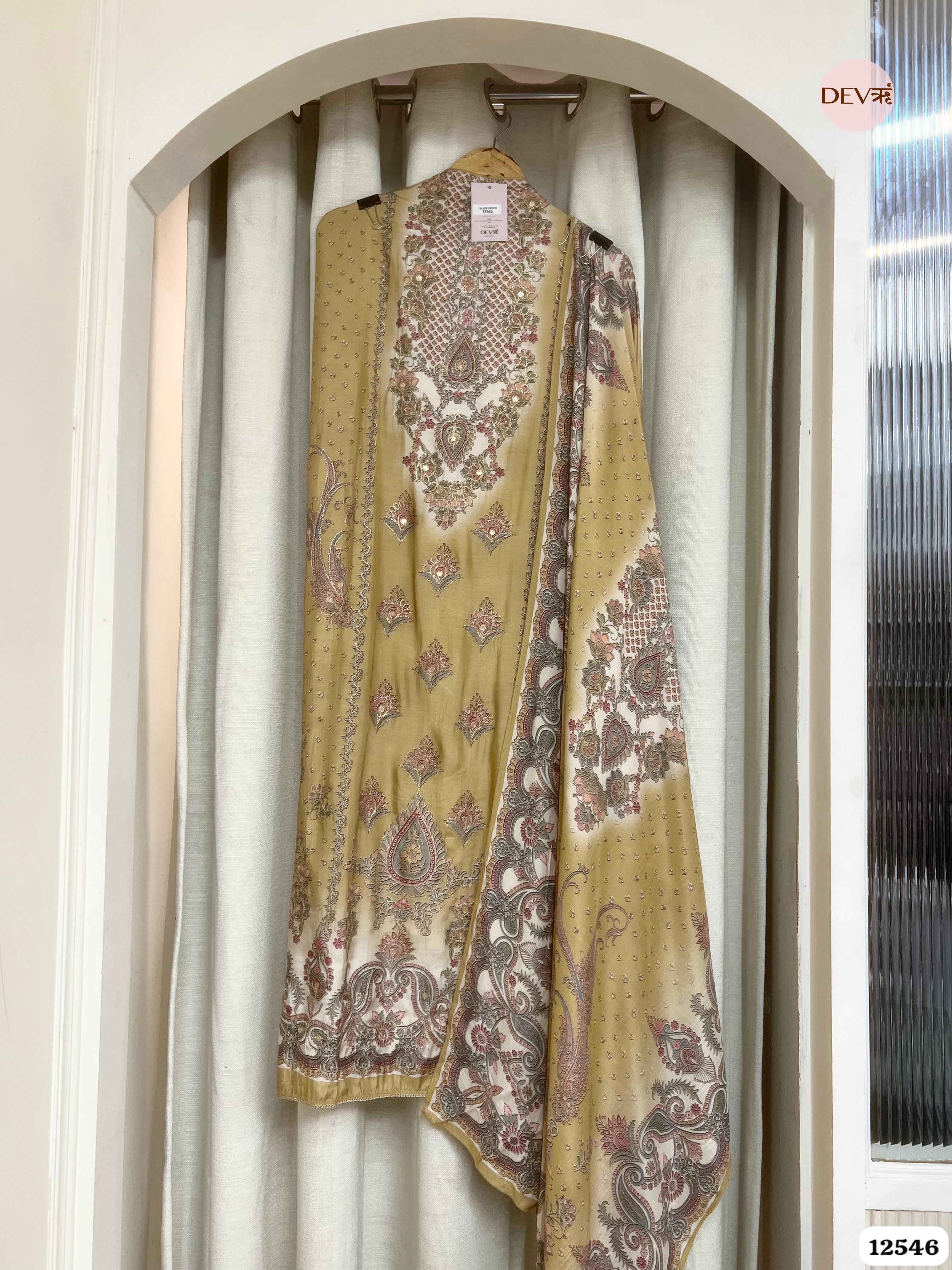 Mustard Muslin Embroidered Unstitched 3-Piece Suit (Devri – D.No 12546)