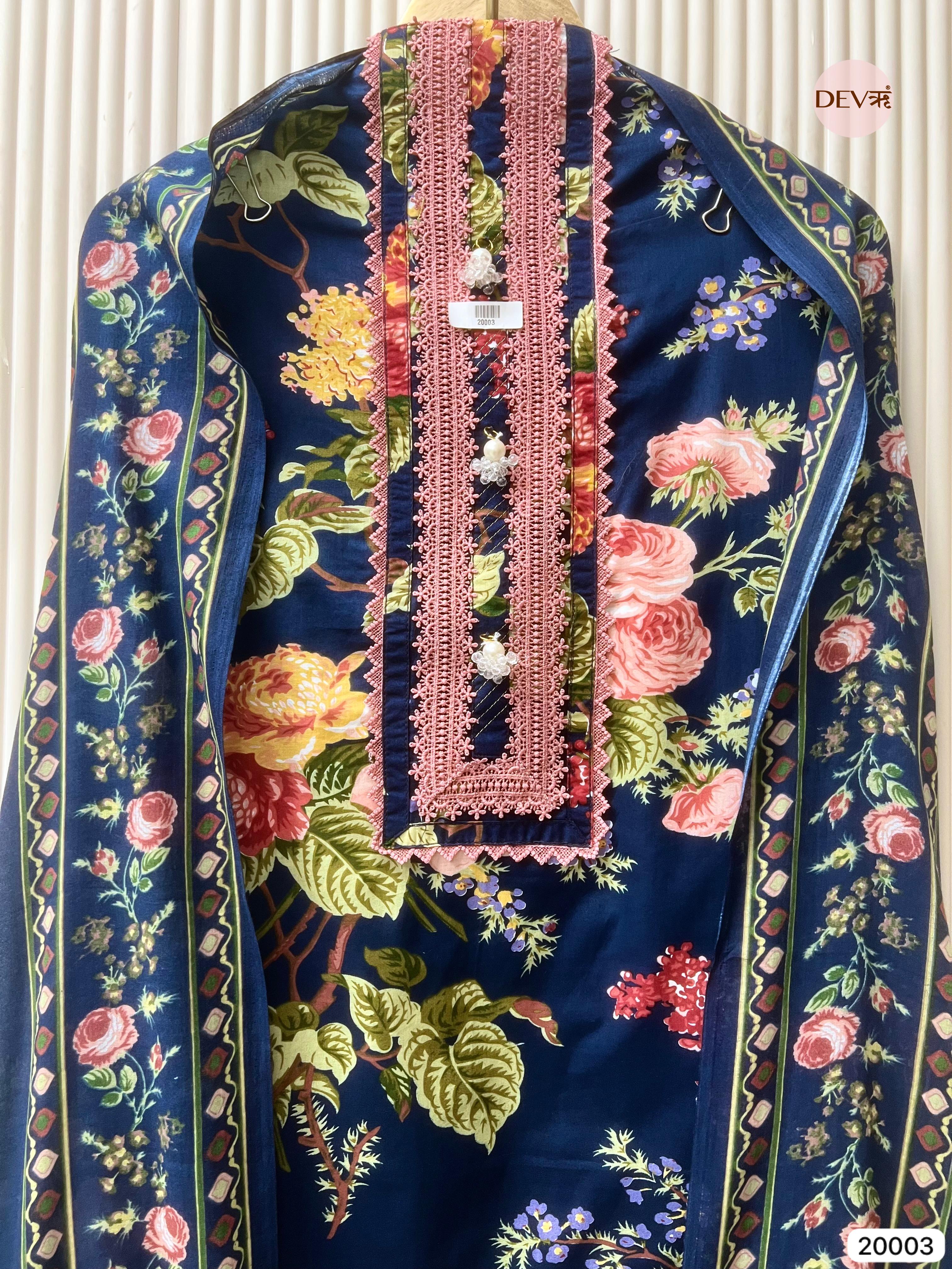 Indigo Meadow Pure Cotton Printed Unstitched 3-Piece Suit (Devri – D.No 20003)