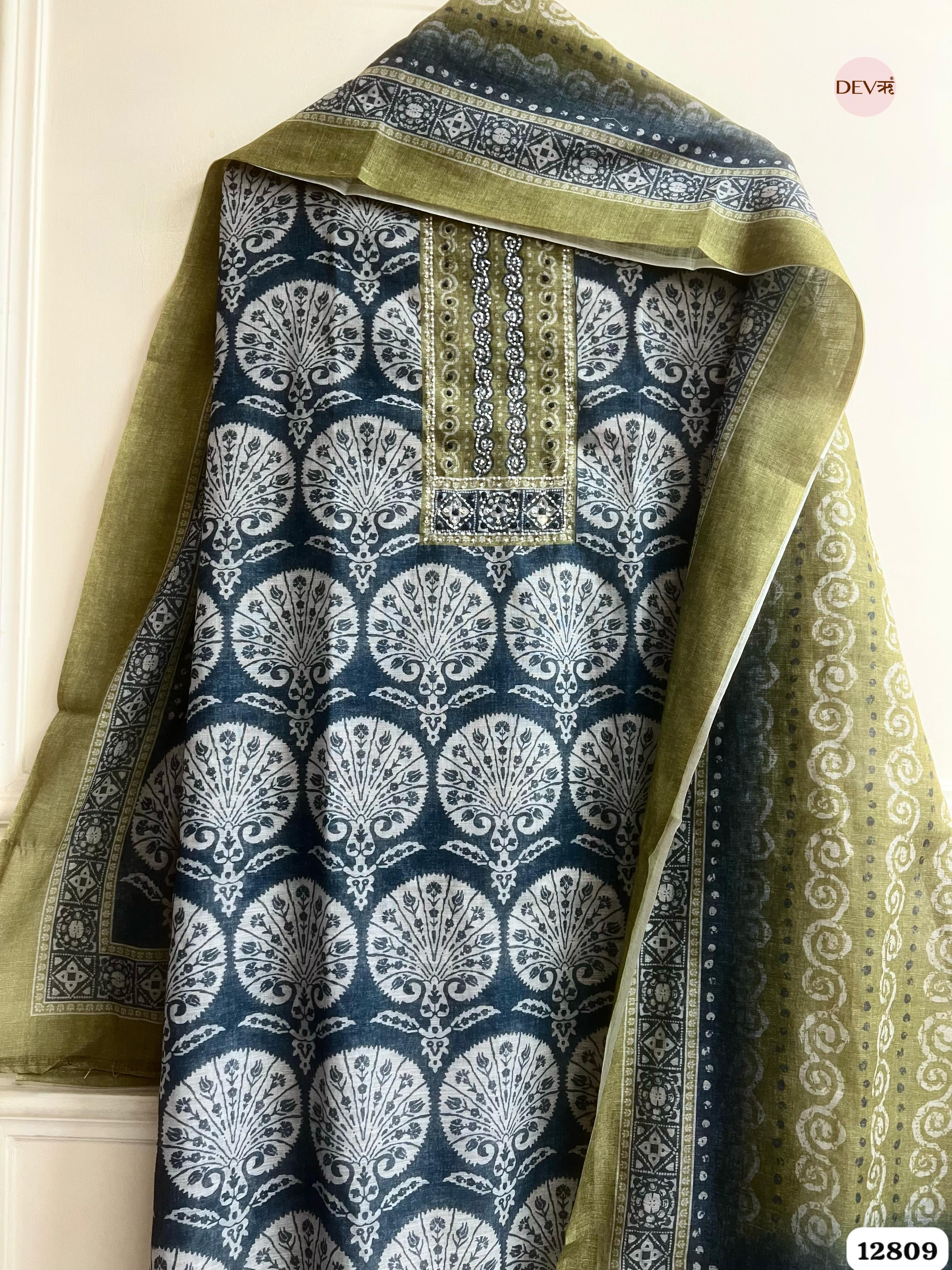 Olive Linen Cotton Printed Unstitched 3-Piece Suit (Devri – D.No 12809)