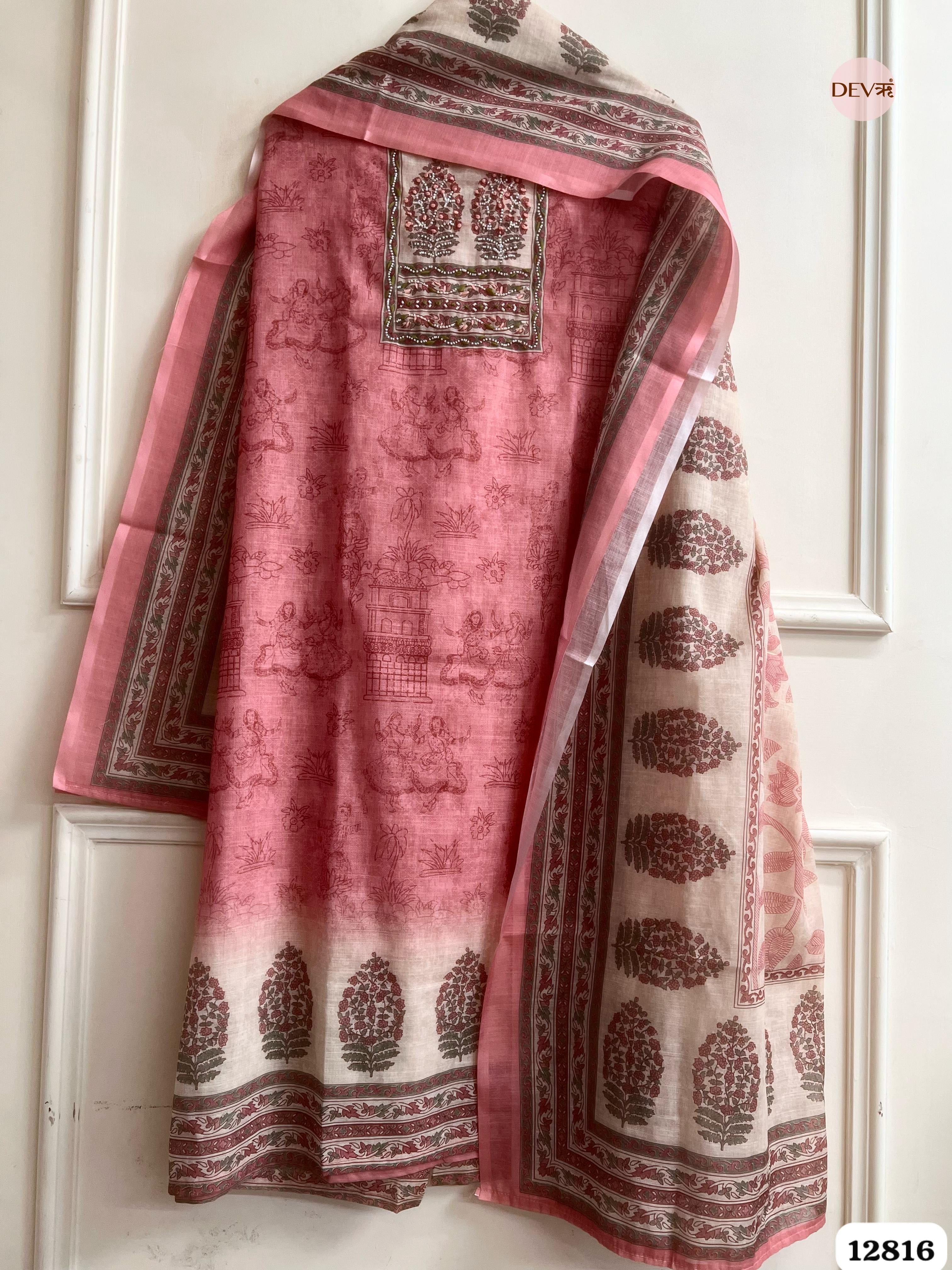 Pink Linen Cotton Printed Unstitched 3-Piece Suit (Devri – D.No 12816)