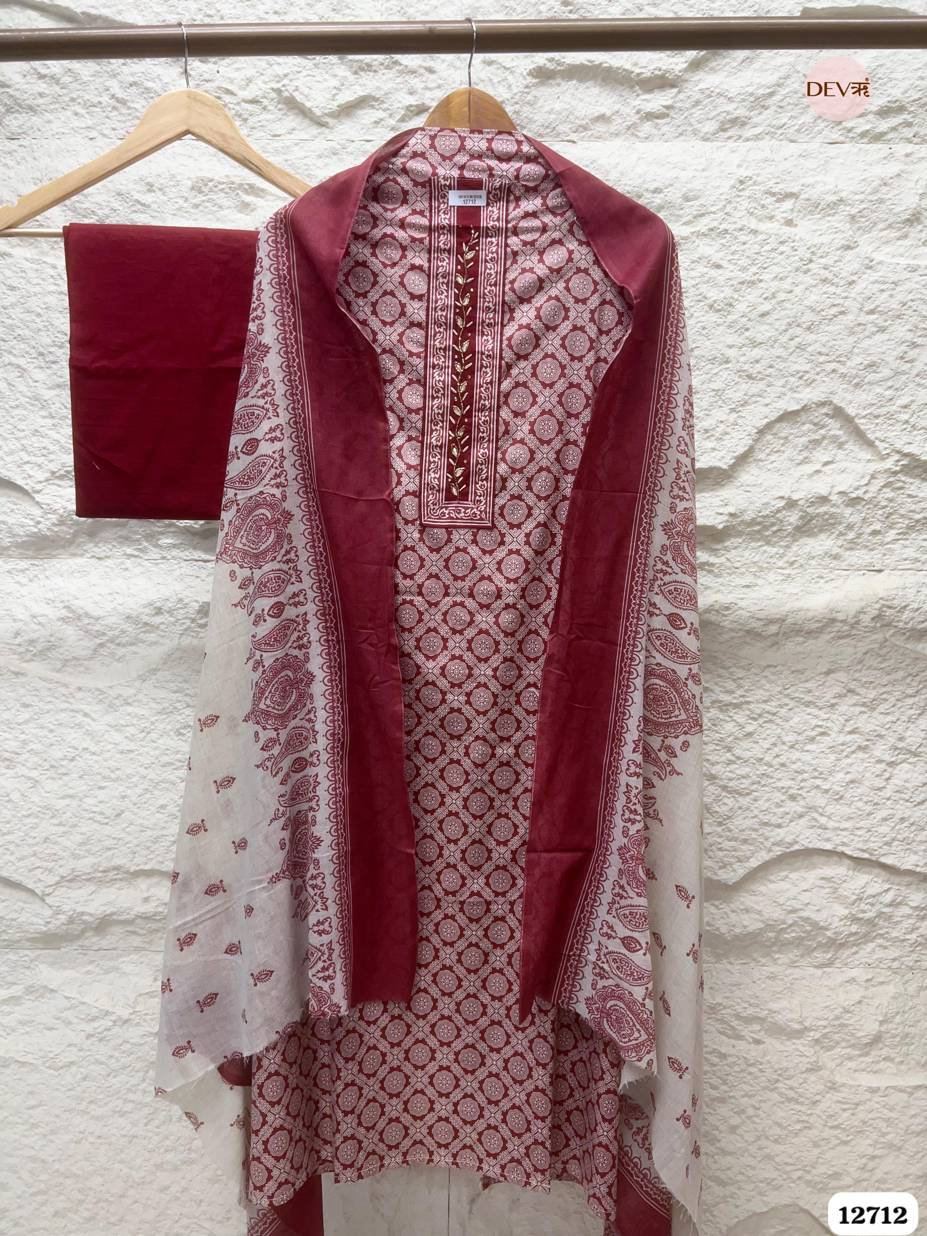Maroon Cotton Printed Unstitched 3-Piece Suit (Devri – D.No 12712)