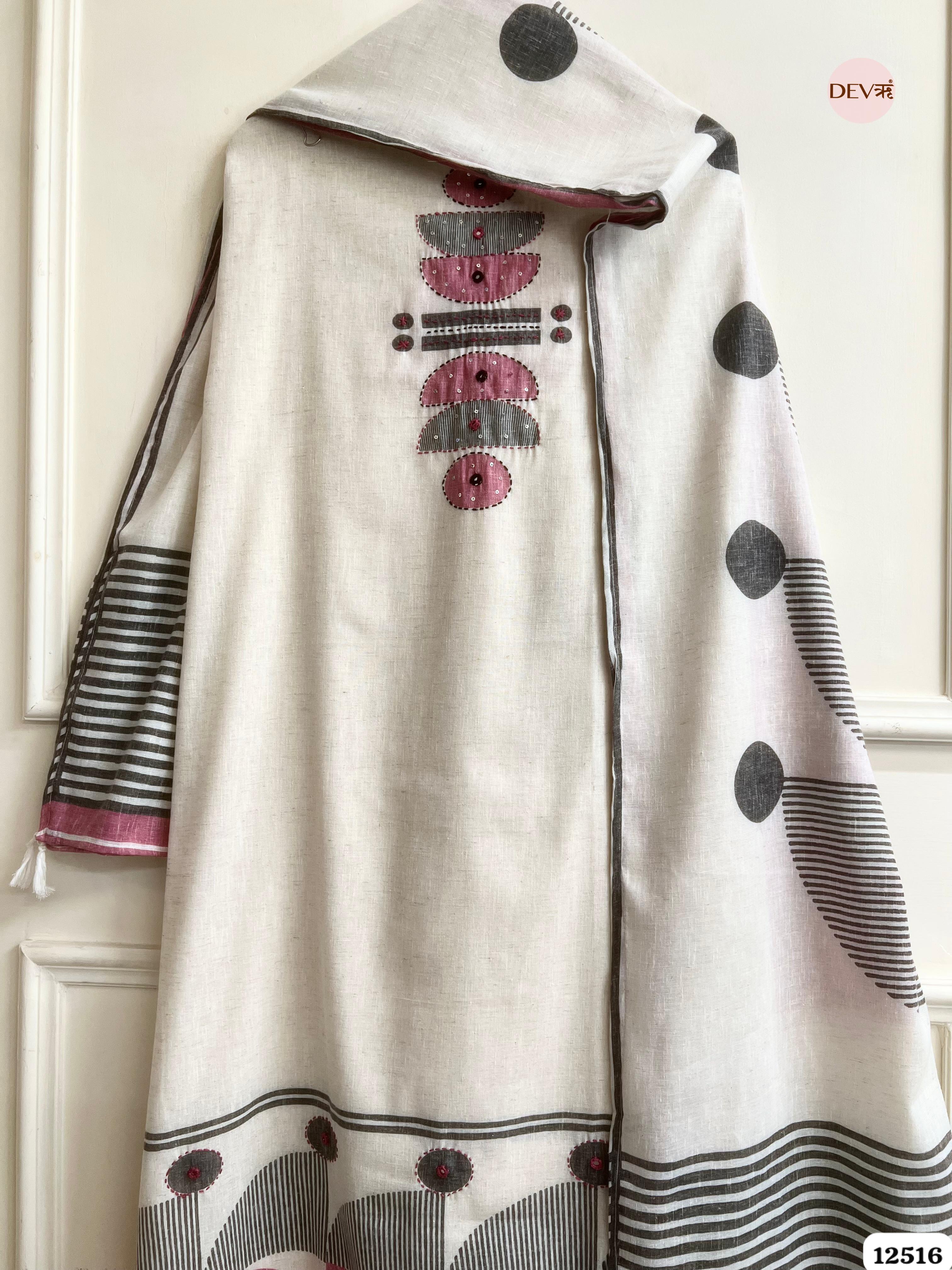Ivory Linen Cotton Printed Unstitched 3-Piece Suit (Devri – D.No . 12516)