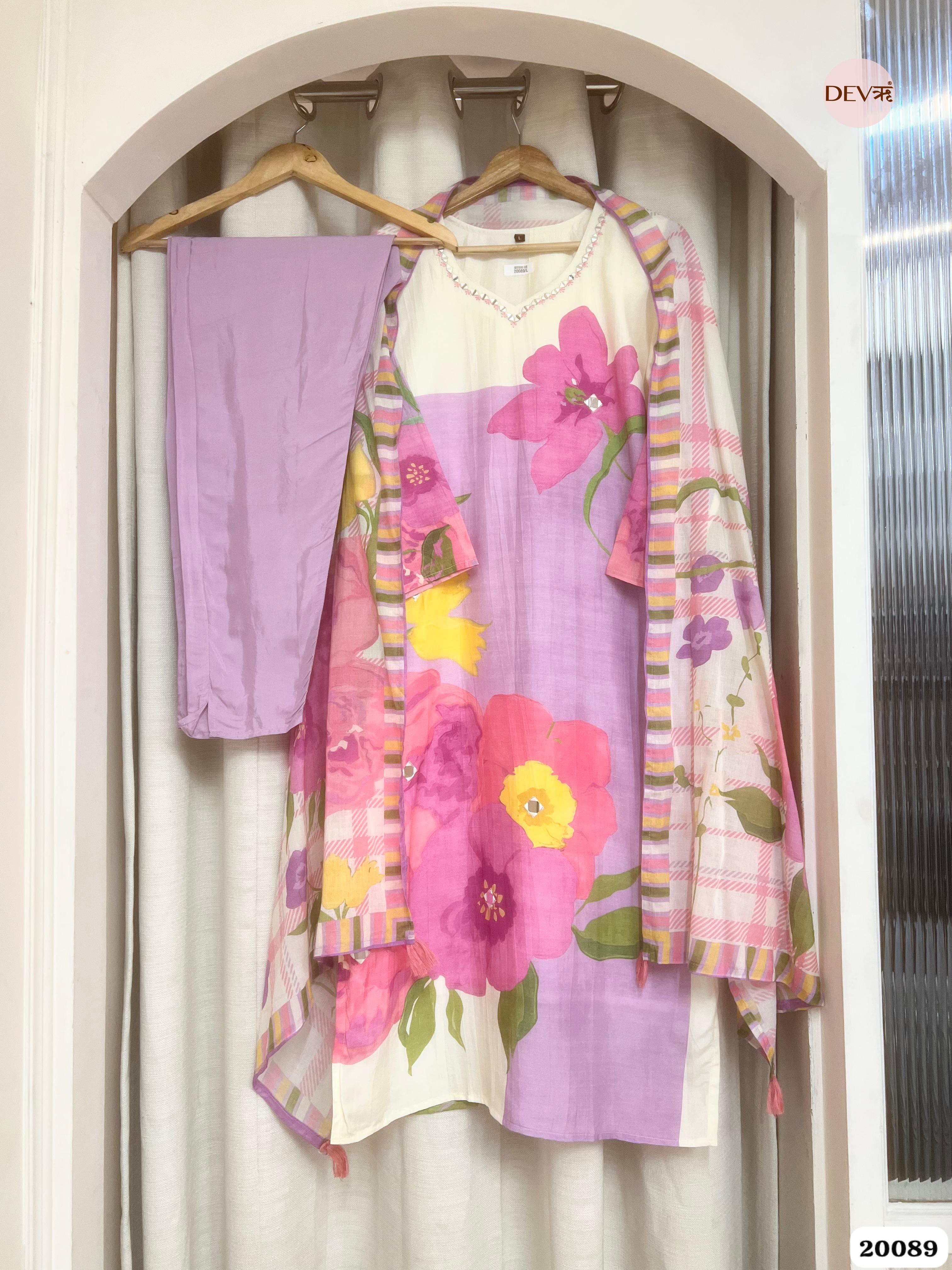Sia Pure Cotton Printed Lavender & Ivory 3-Piece Set (Devri – D.No 20089)