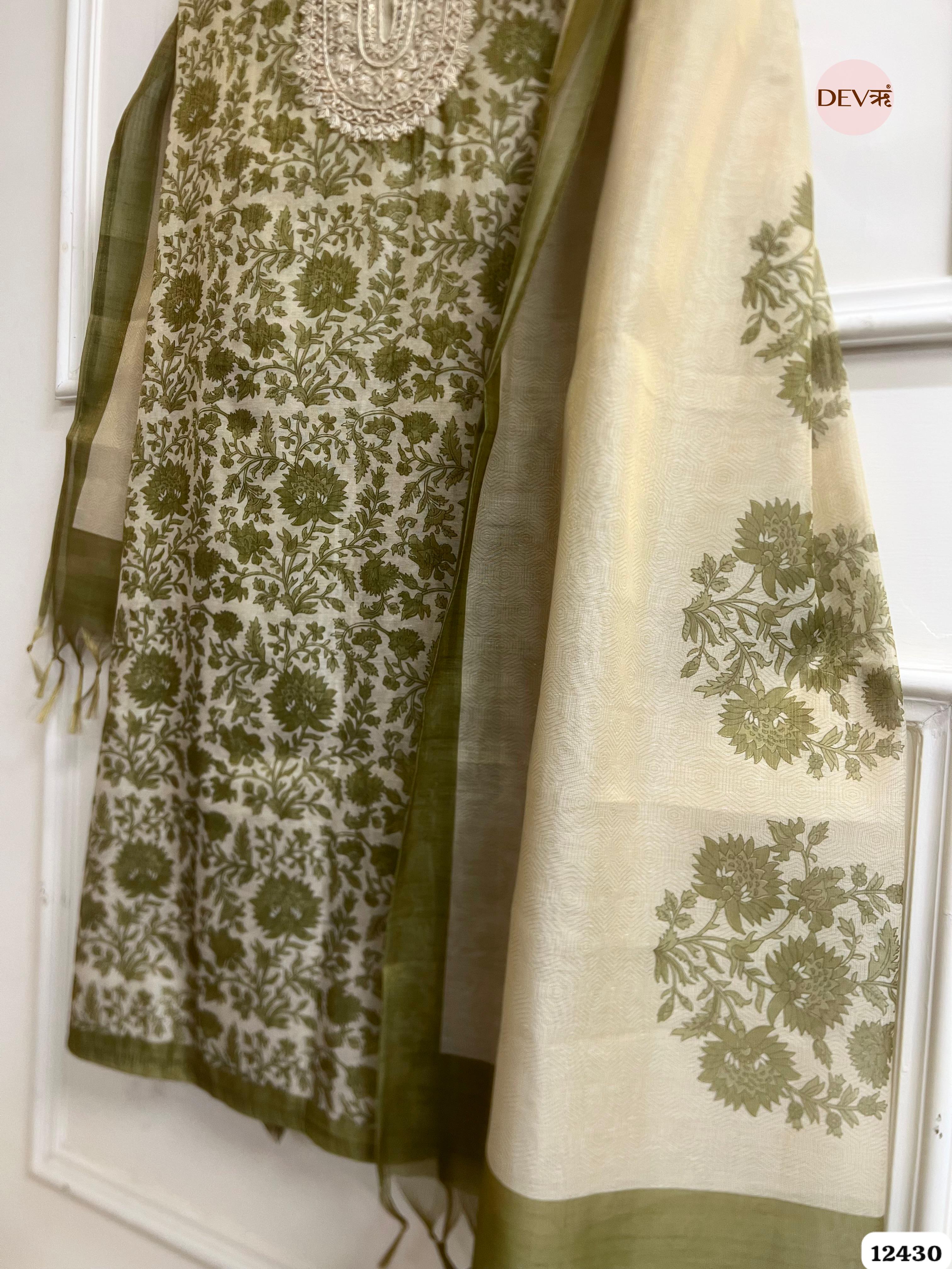 Ivory Olive Pure Linen Tissue Printed Unstitched 3-Piece Suit (Devri – D.No. 12430)