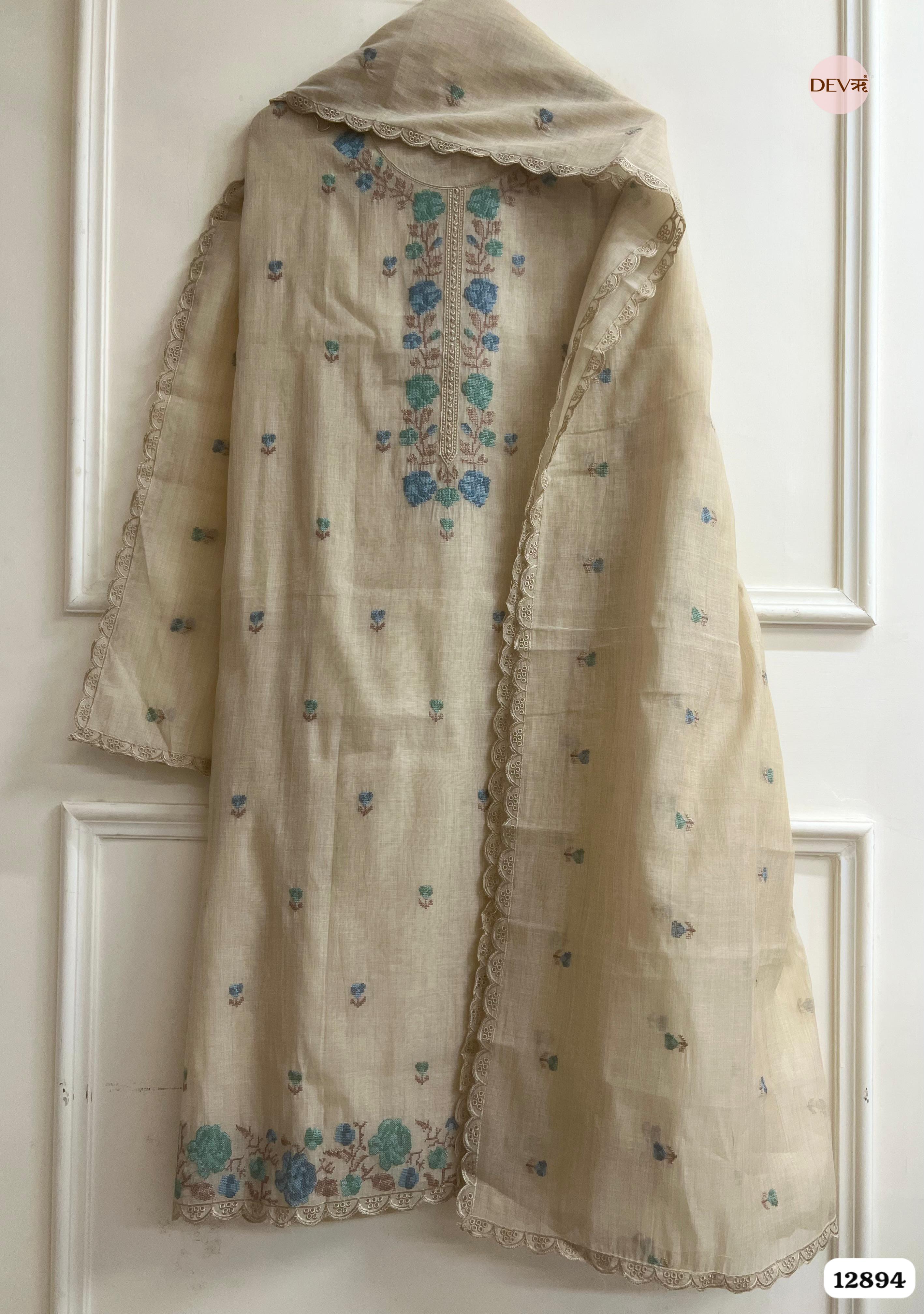 Beige Mul Chanderi Embroidered Unstitched 3-Piece Suit (Devri – D.No 12894)