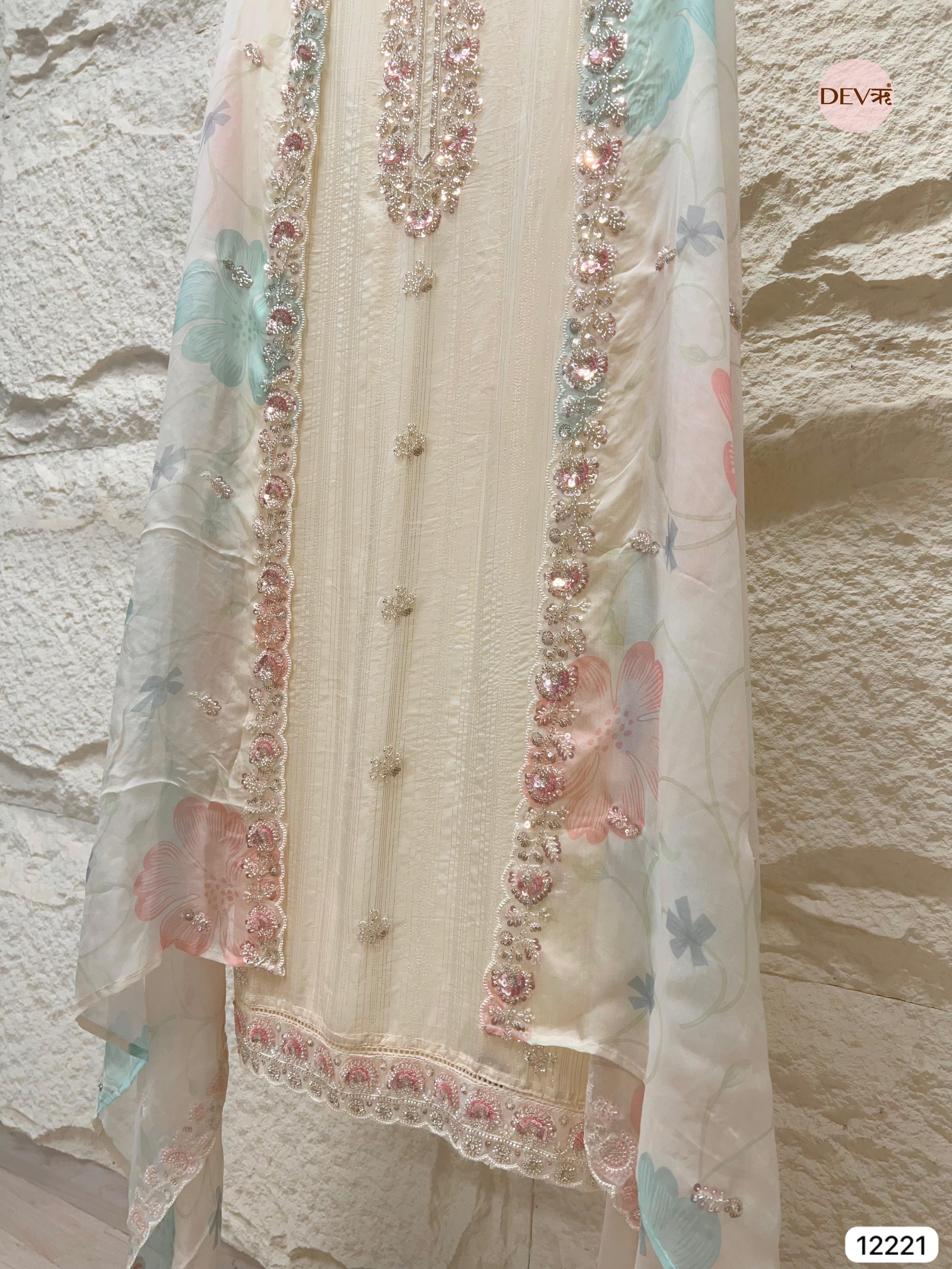 Ivory Pure Organza Hand-Embroidered Unstitched 3-Piece Suit (Devri – D.No 12221)