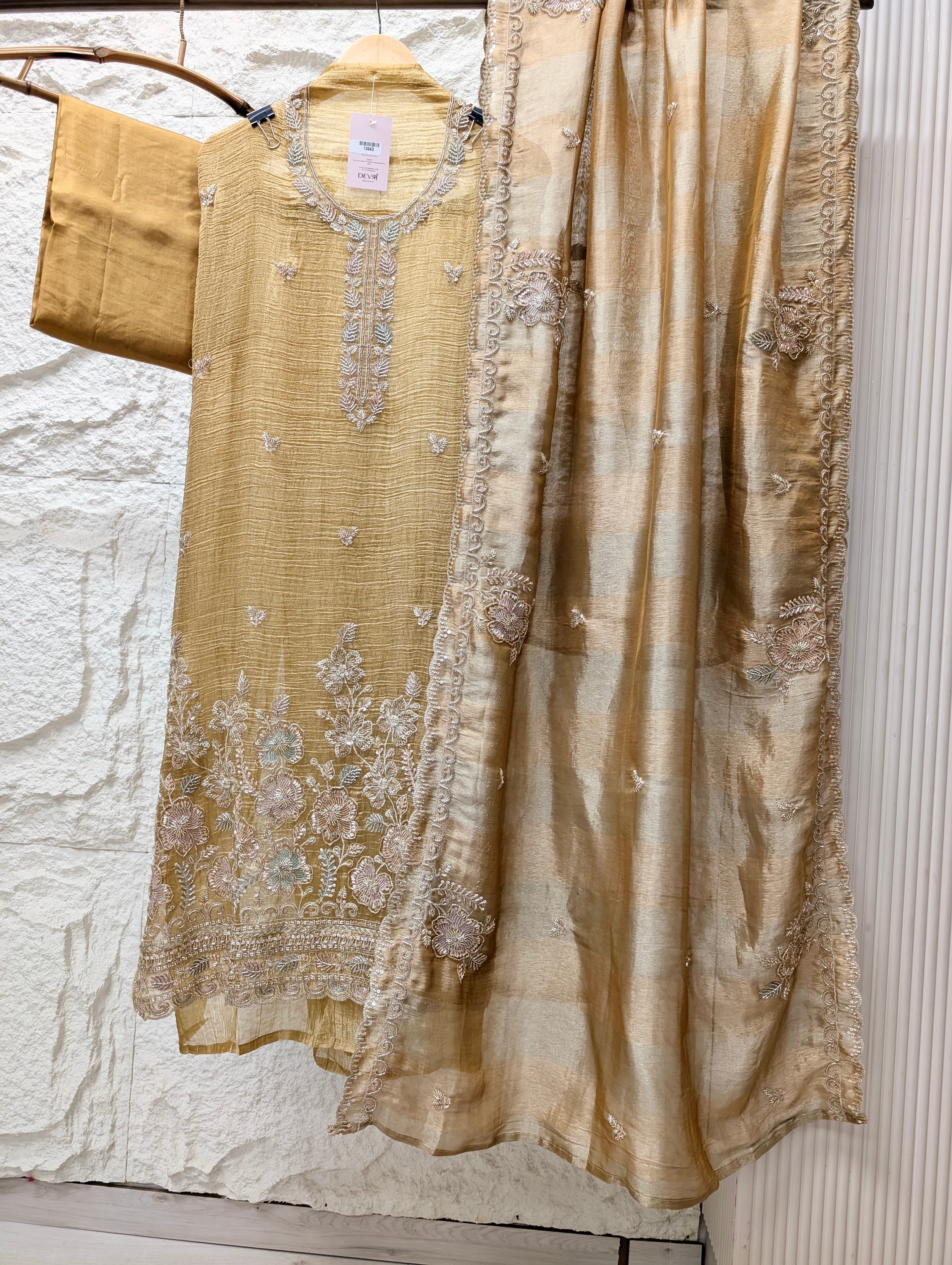 Mustard Tissue Crush Silk Embroidered Unstitched 3-Piece Suit (Devri – D.No 13643)
